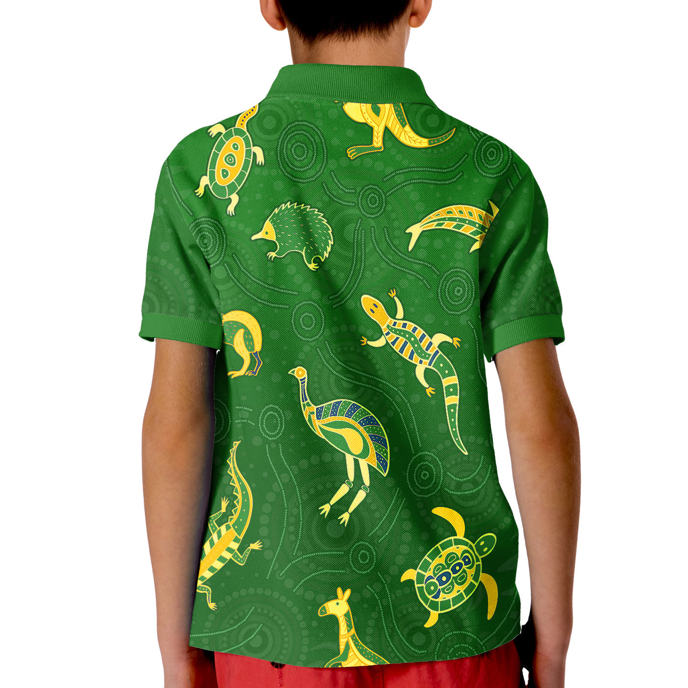 aboriginal-art-polo-shirt-kid-animals-australia-version-green