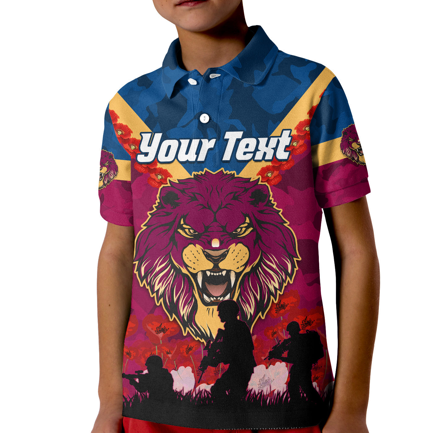 custom-personalised-lions-anzac-2022-polo-shirt-kid-brisbane-brissie-poppy-flowers