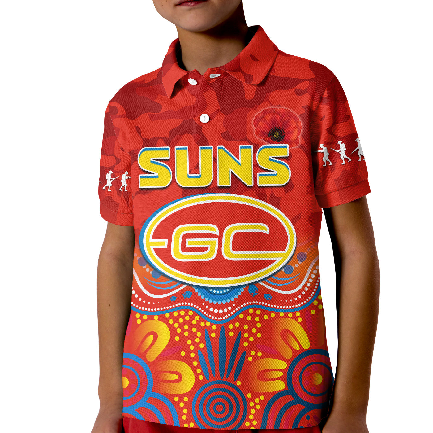 custom-text-and-number-suns-anzac-2022-polo-shirt-kid-gold-coast-aboriginal-poppy