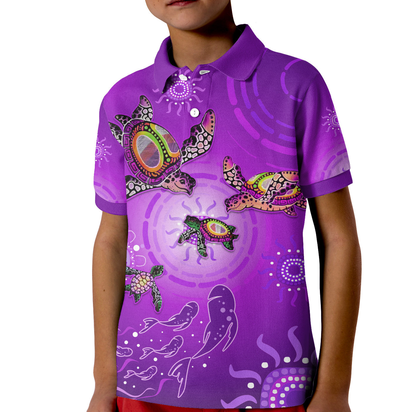 australian-aboriginal-polo-shirt-kid-happy-turtle-family-version-purple