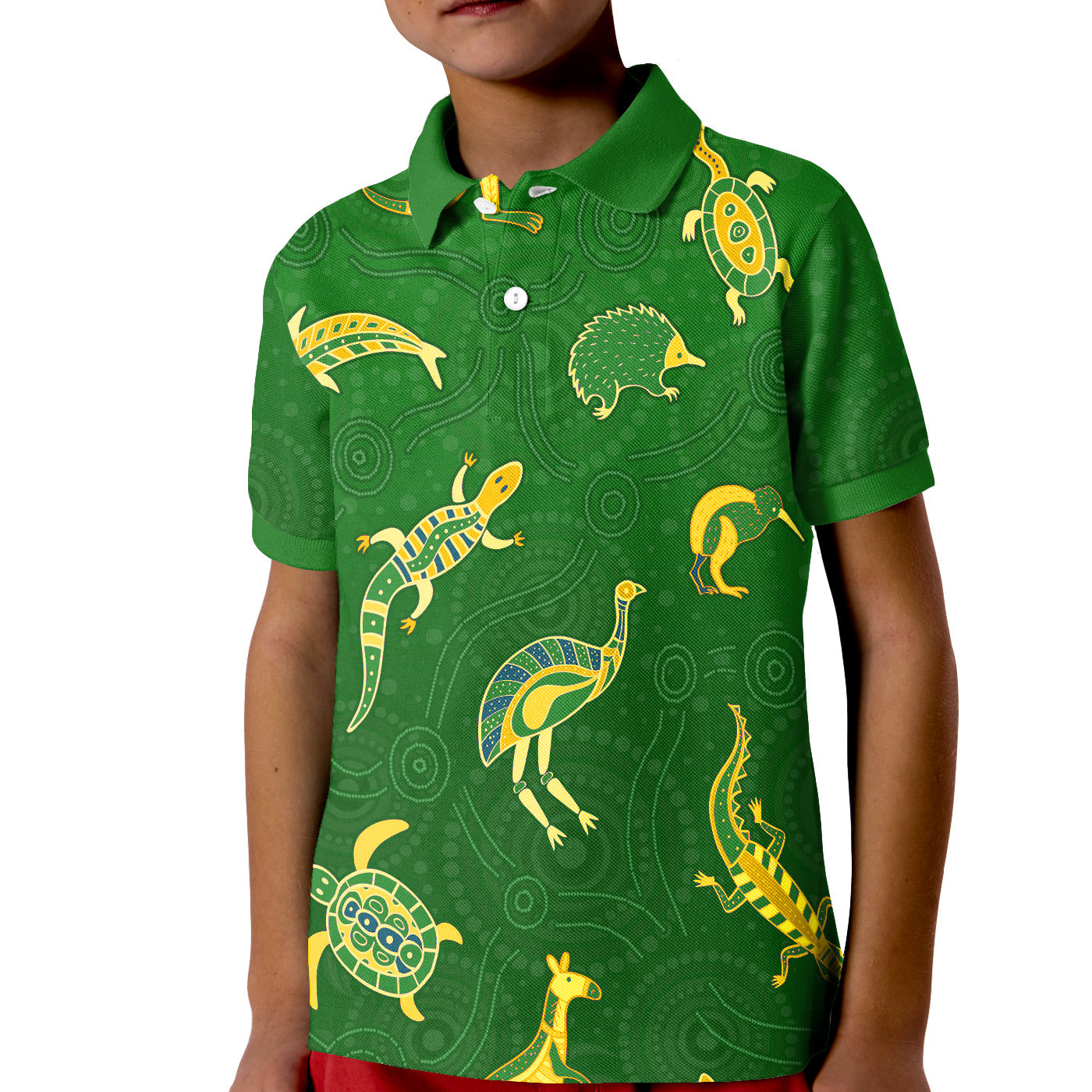 custom-personalised-aboriginal-art-polo-shirt-kid-animals-australia-version-green