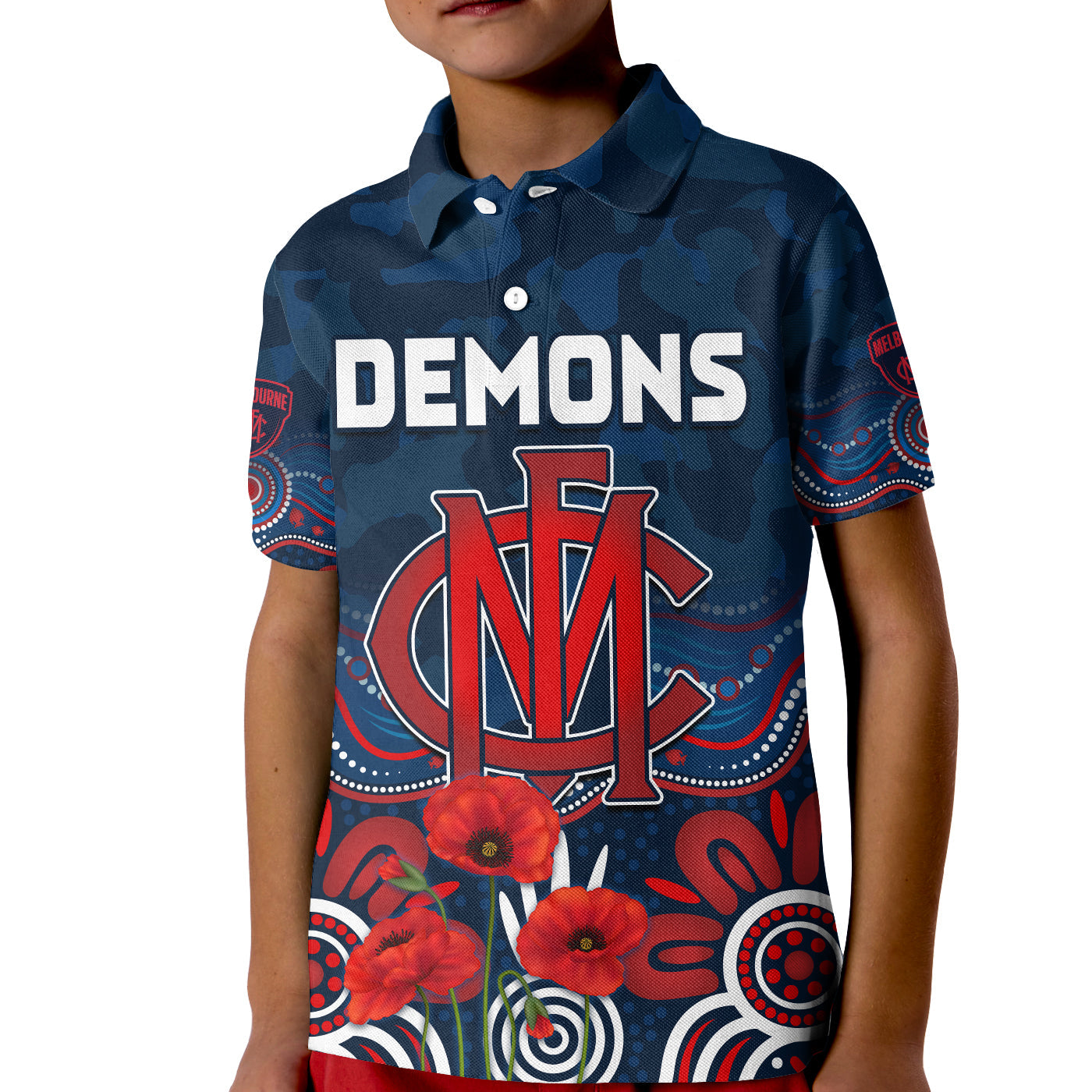 custom-text-and-number-demons-anzac-2022-polo-shirt-kid-melbourne-football-aboriginal-poppy