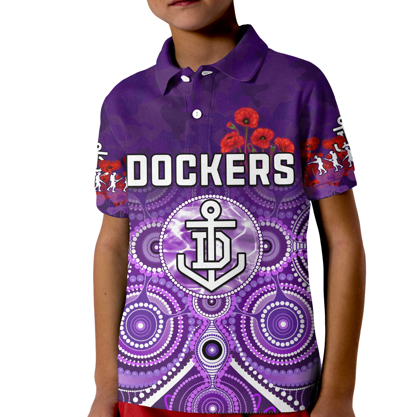 dockers-anzac-2022-polo-shirt-kid-fremantle-football-aboriginal-poppy-flowers