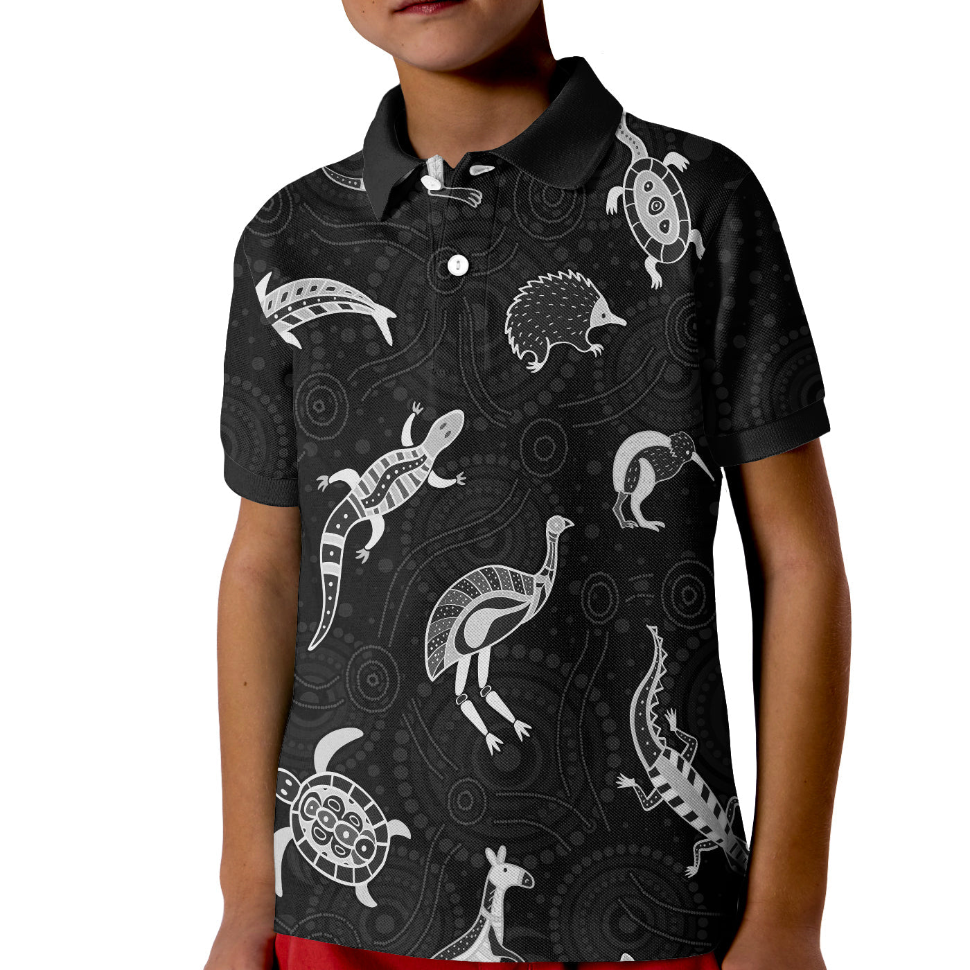 aboriginal-art-polo-shirt-kid-animals-australia-version-black