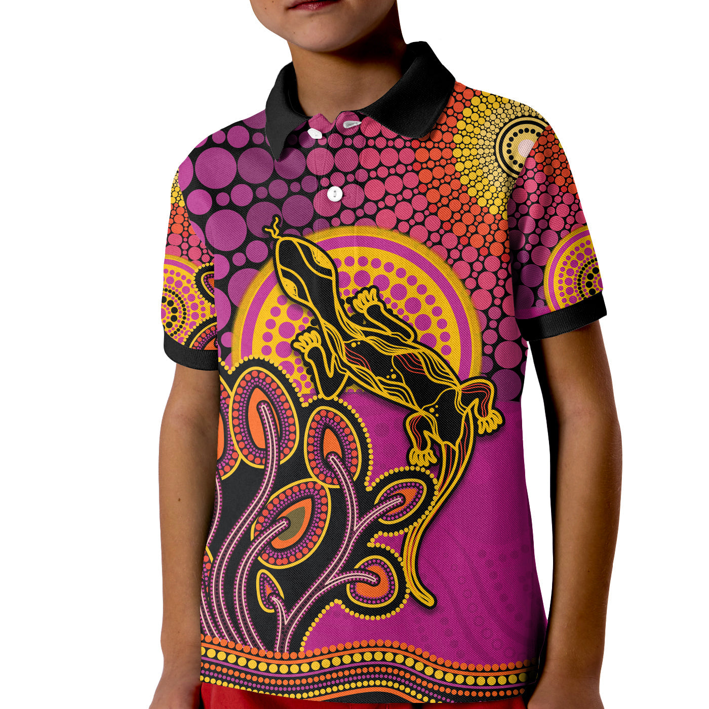 custom-personalised-aboriginal-lizard-polo-shirt-kid-tree-on-the-hill-sunshine