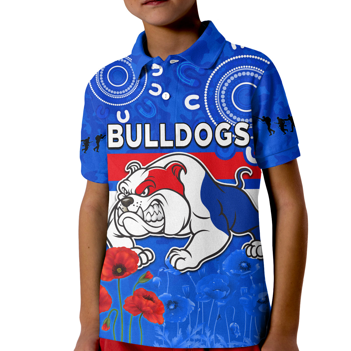 custom-text-and-number-bulldogs-anzac-2022-polo-shirt-kid-western-dogs-aboriginal-poppy