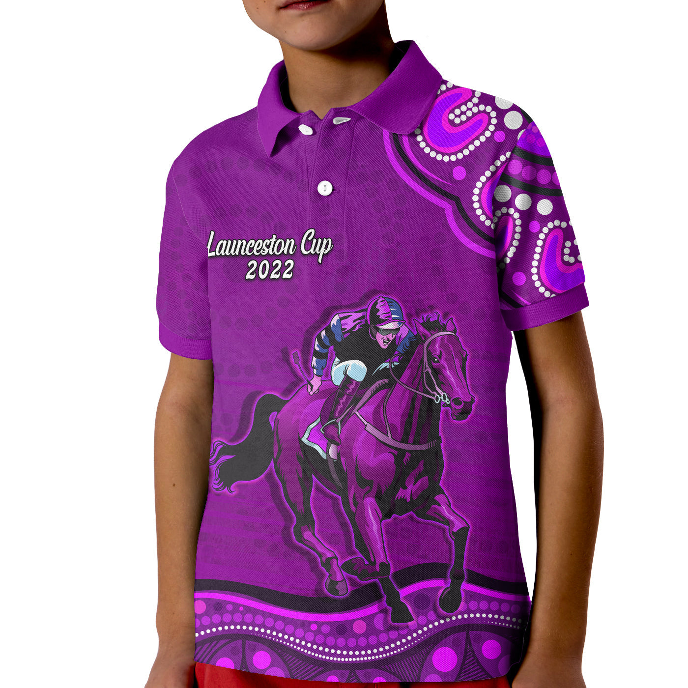 launceston-cup-2022-polo-shirt-kid-australia-aboriginal-purple-horse-lovers