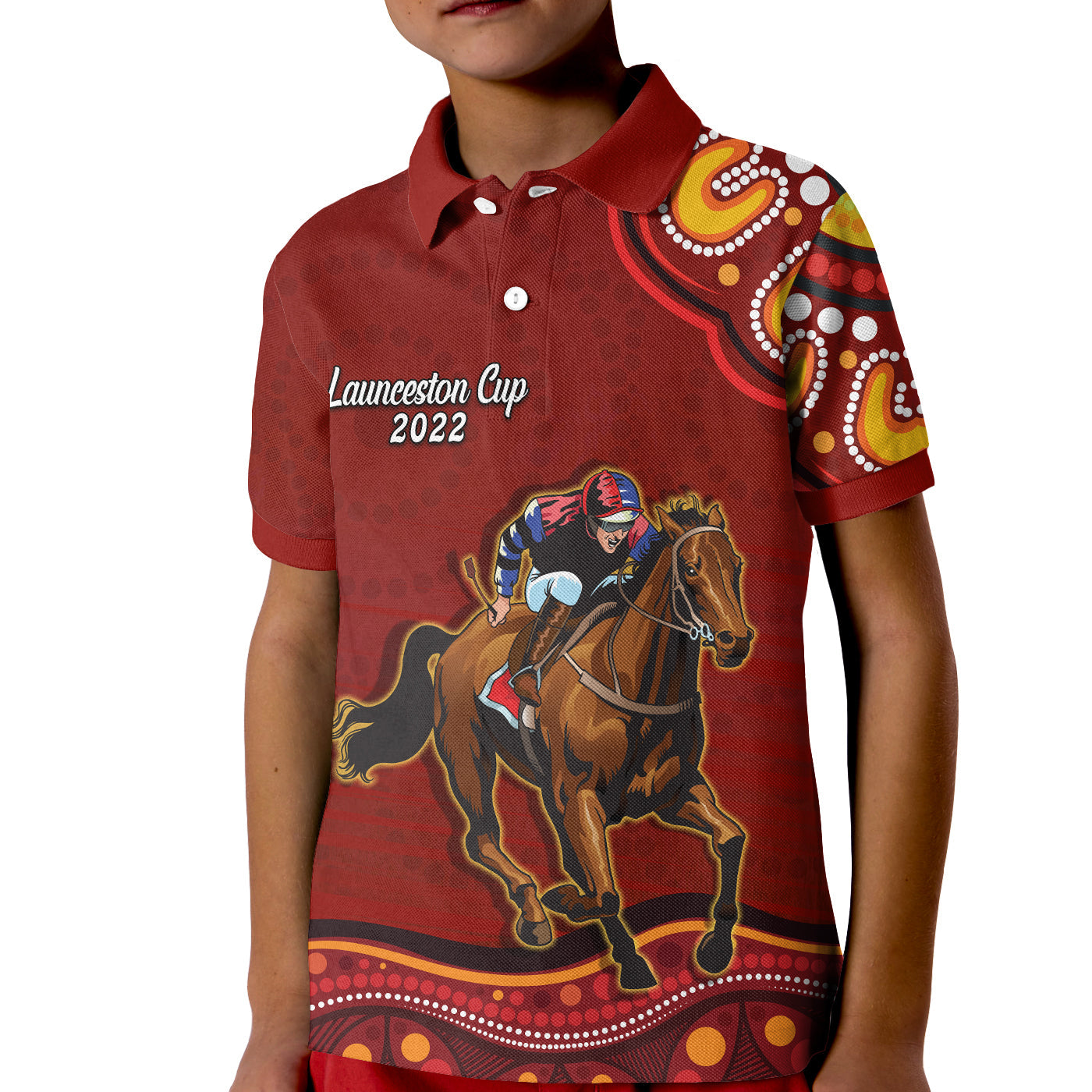 launceston-cup-2022-polo-shirt-kid-australia-aboriginal-red-horse-lovers