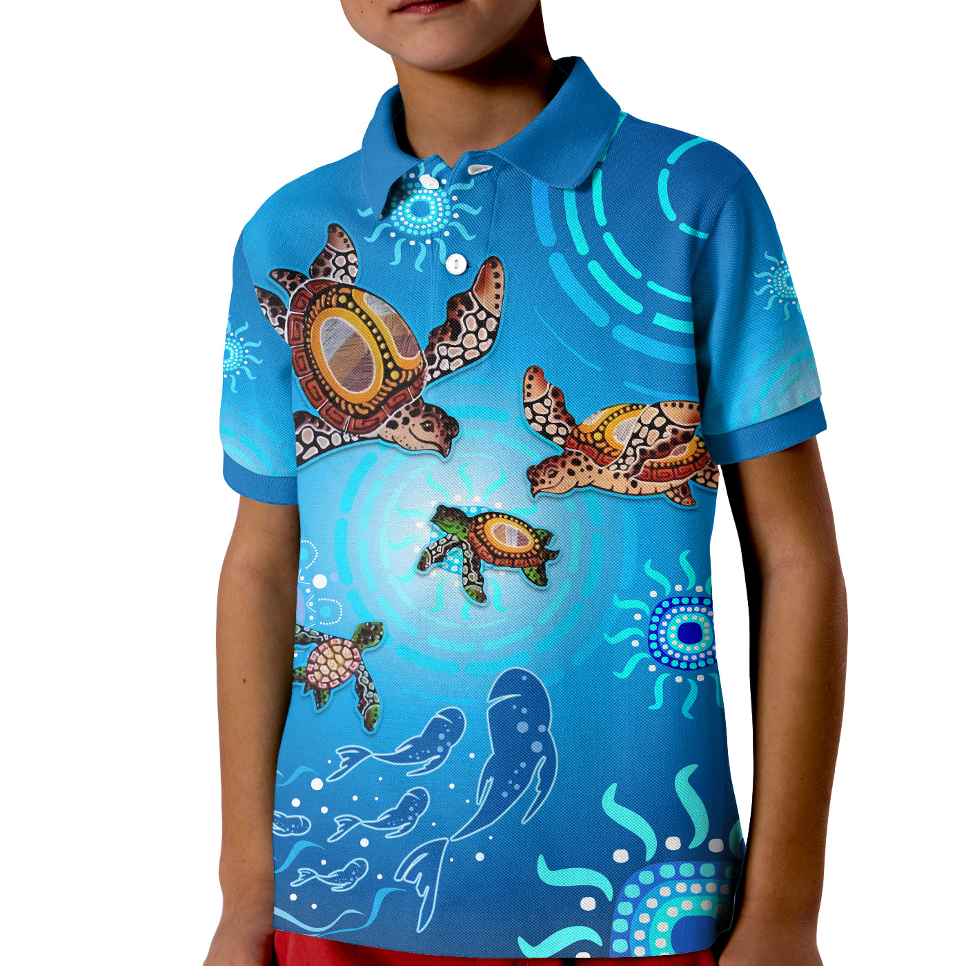 custom-personalised-australian-aboriginal-polo-shirt-kid-happy-turtle-family-version-blue