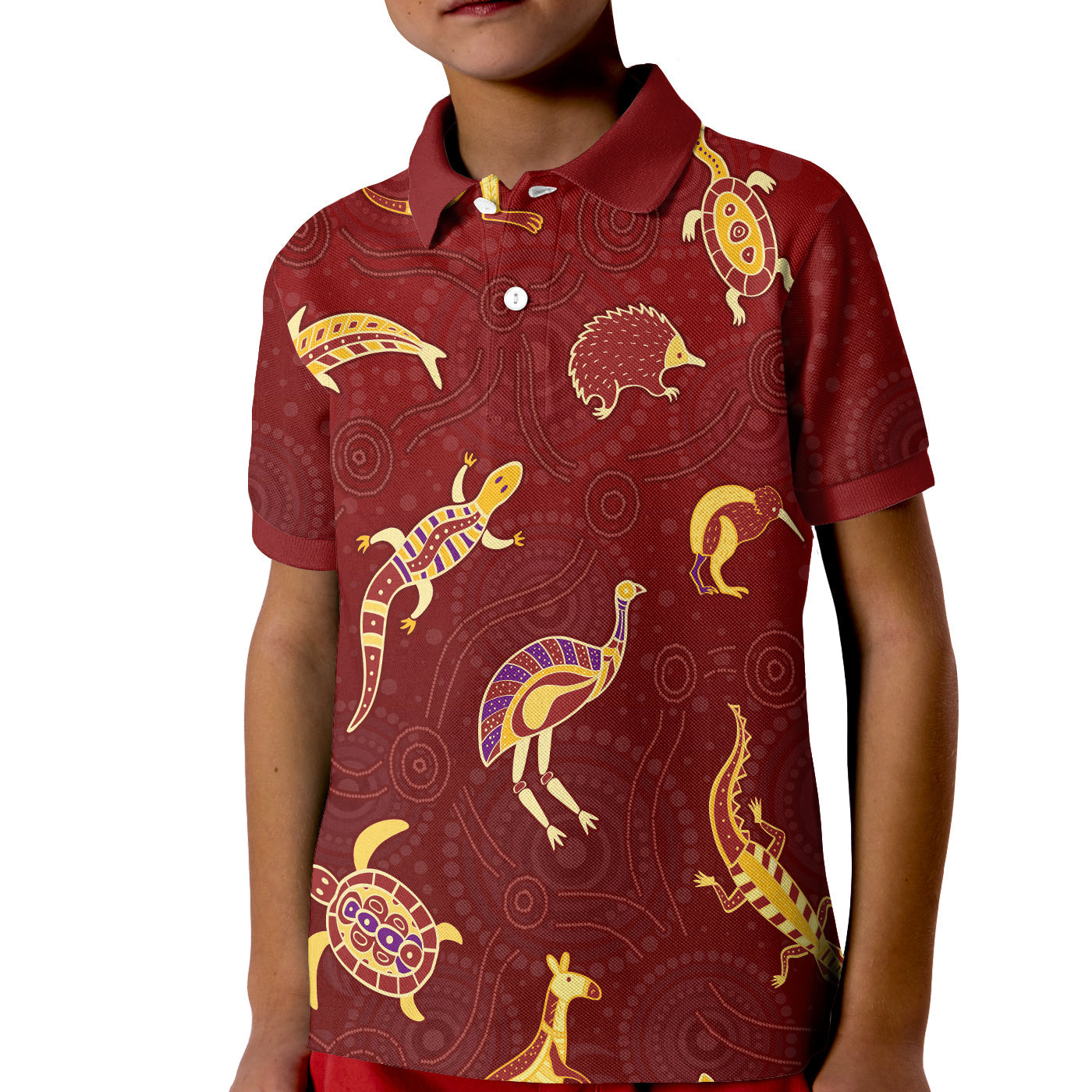 custom-personalised-aboriginal-art-polo-shirt-kid-animals-australia-version-maroon