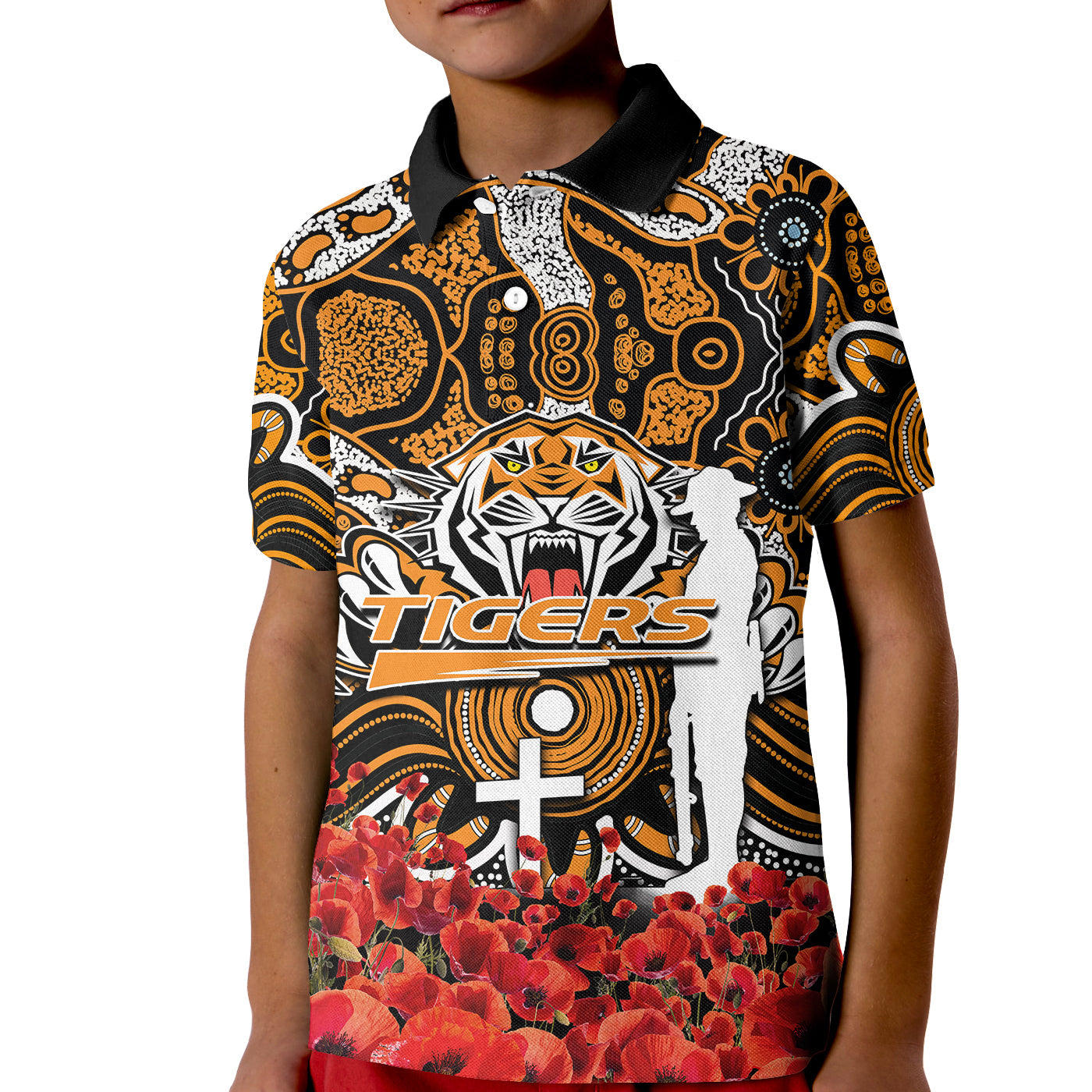 wests-tigers-polo-shirt-kid-anzac-day-poppy-flowers-with-aboriginal