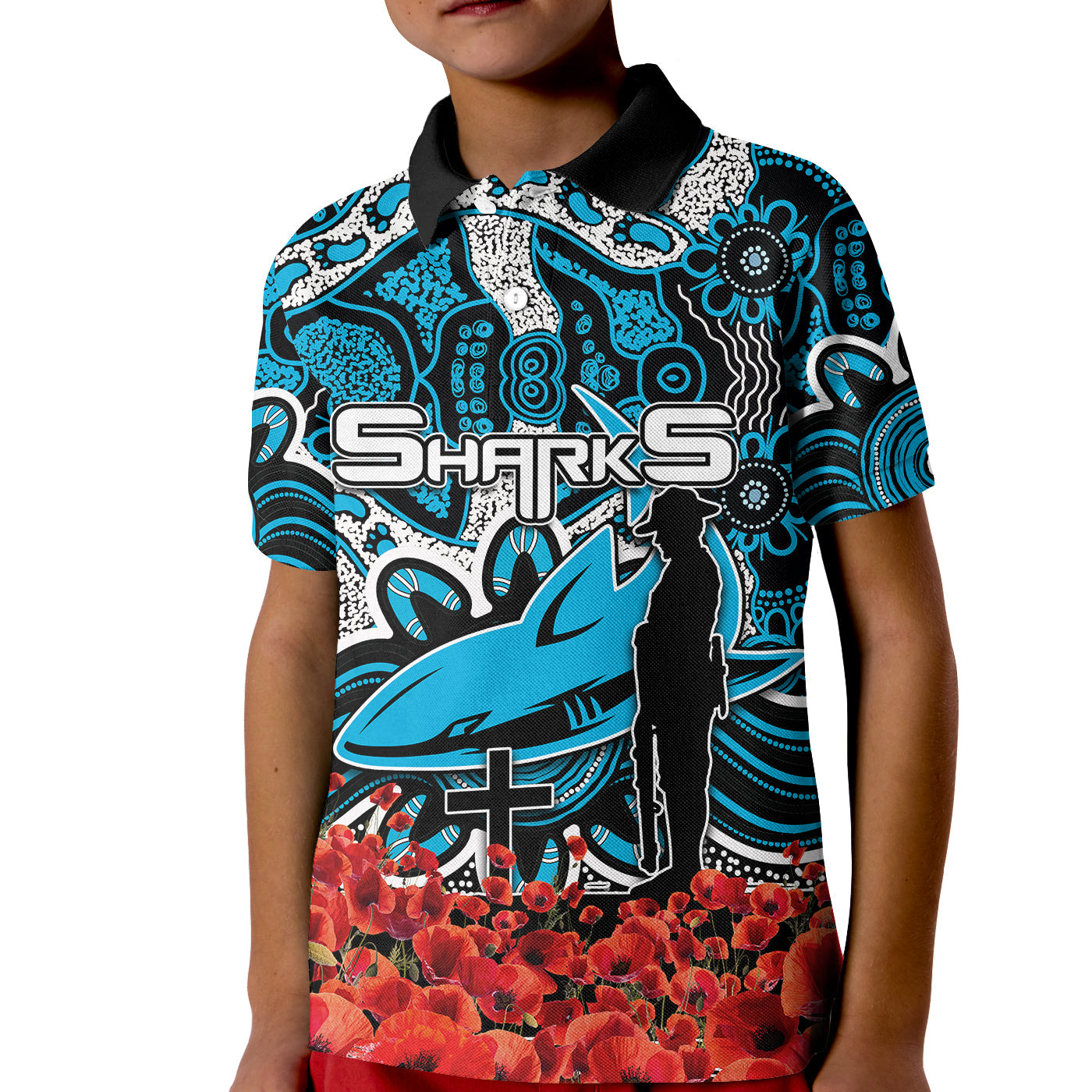 sharks-polo-shirt-kid-anzac-day-poppy-flowers-with-aboriginal