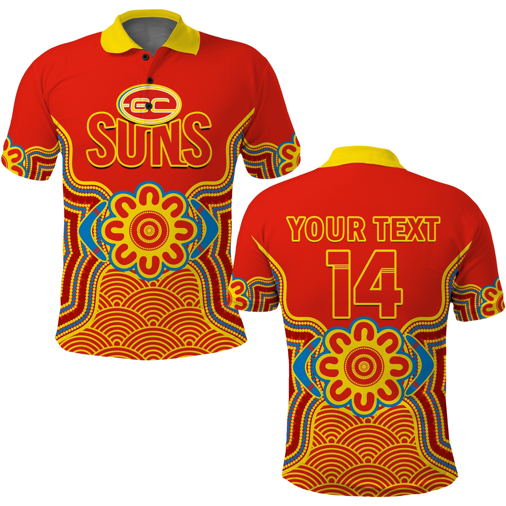 custom-text-and-number-gold-coast-football-polo-shirt-suns-indigenous-pattern