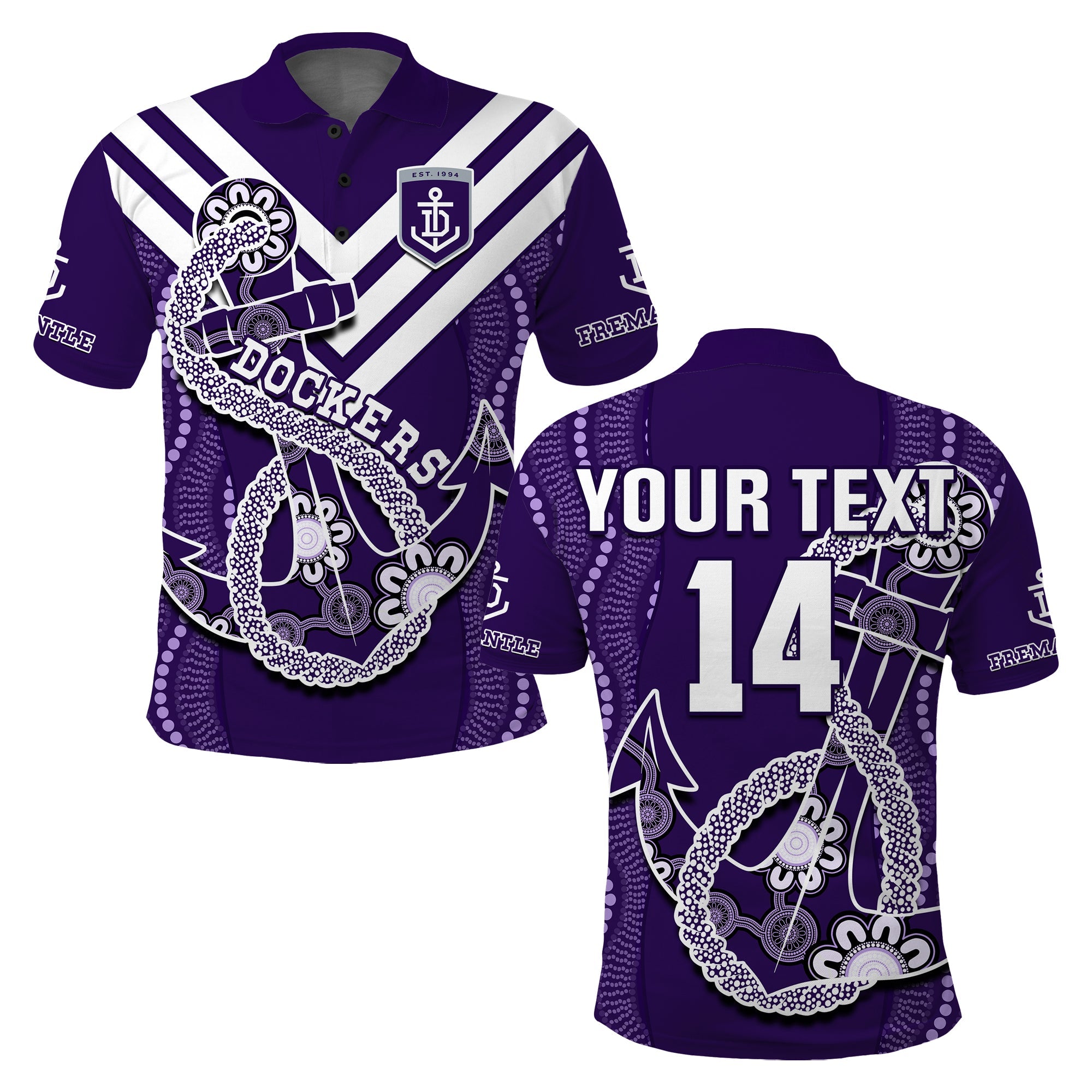 custom-text-and-number-dockers-football-polo-shirt-fremantle-anchor-mix-aboriginal-pattern-dynamic-style