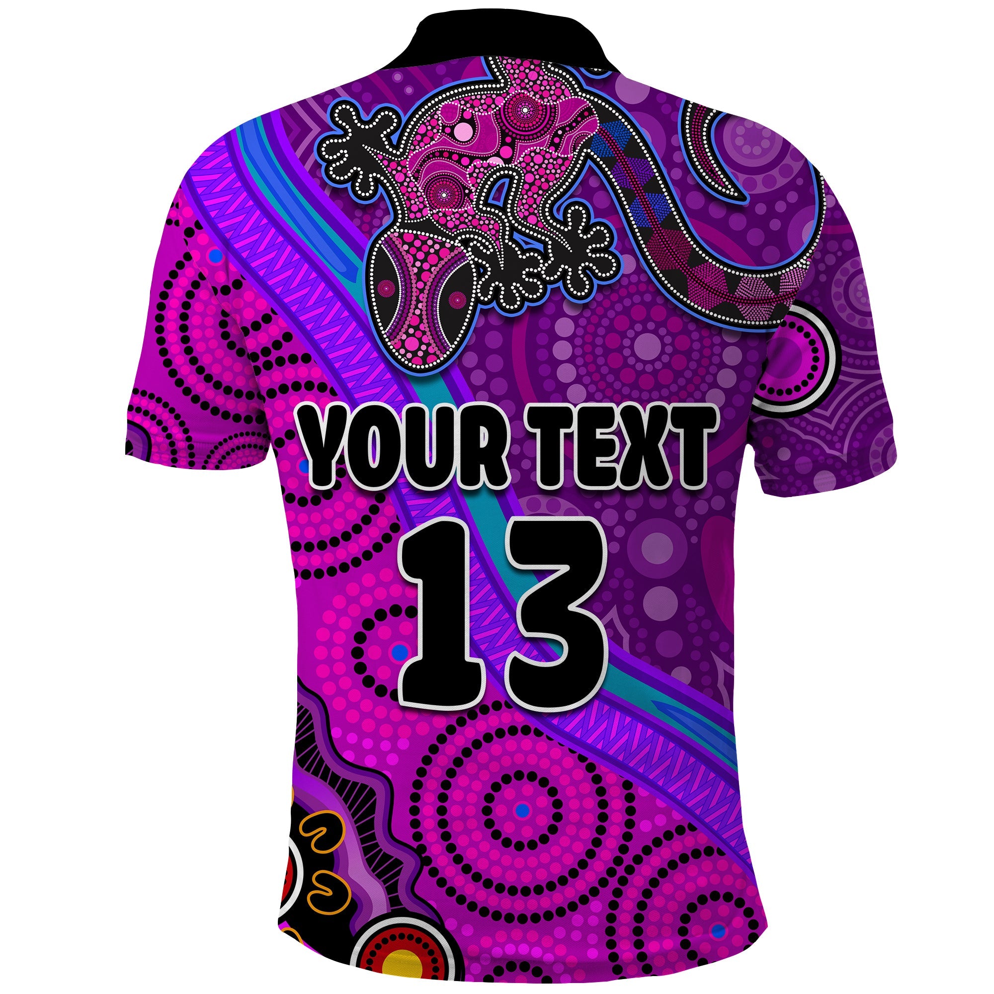 custom-text-and-number-australia-lizard-and-sun-polo-shirt-aboriginal-art-purple