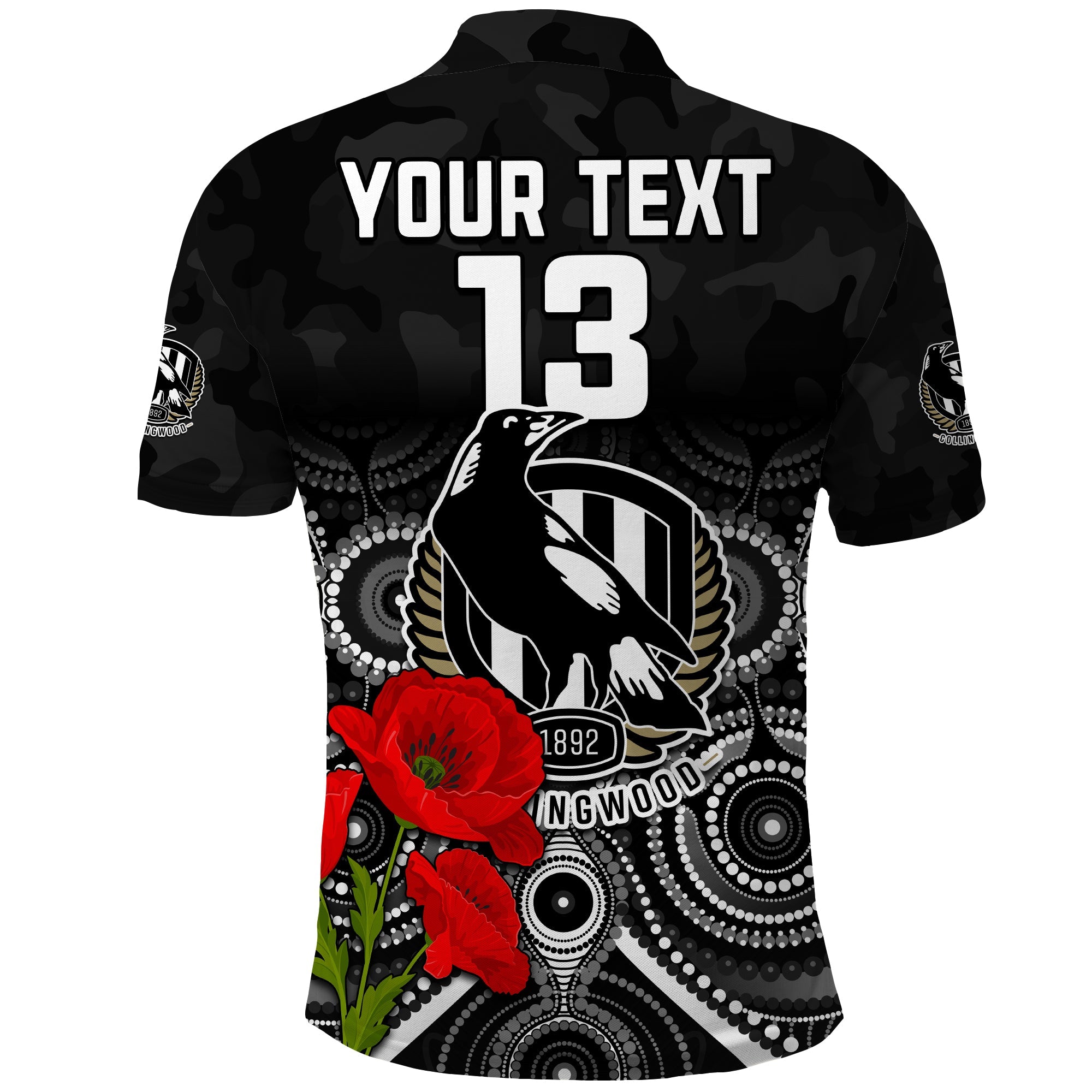 custom-text-and-number-magpies-football-anzac-day-polo-shirt-aboriginal-poppy-flowers