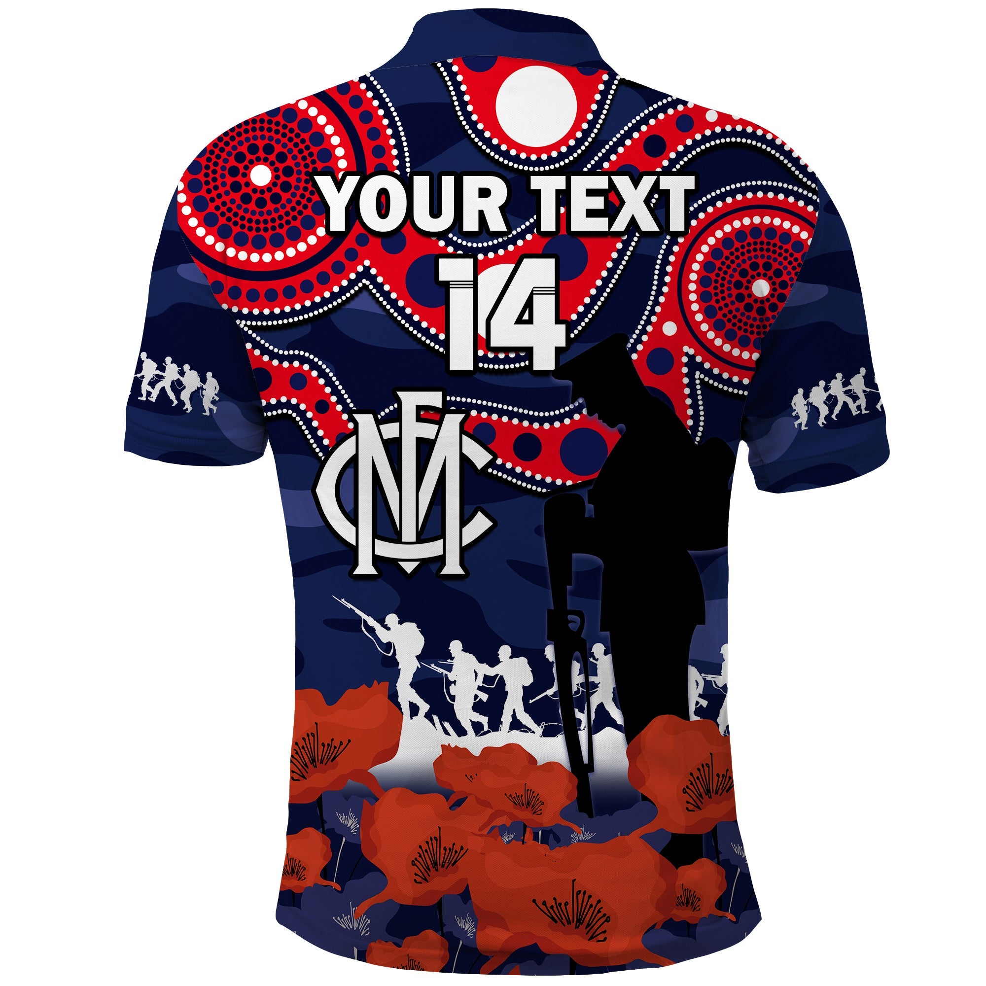 custom-text-and-number-melbourne-football-anzac-2023-polo-shirt-demons-aboriginal-mix-poppy-camouflage