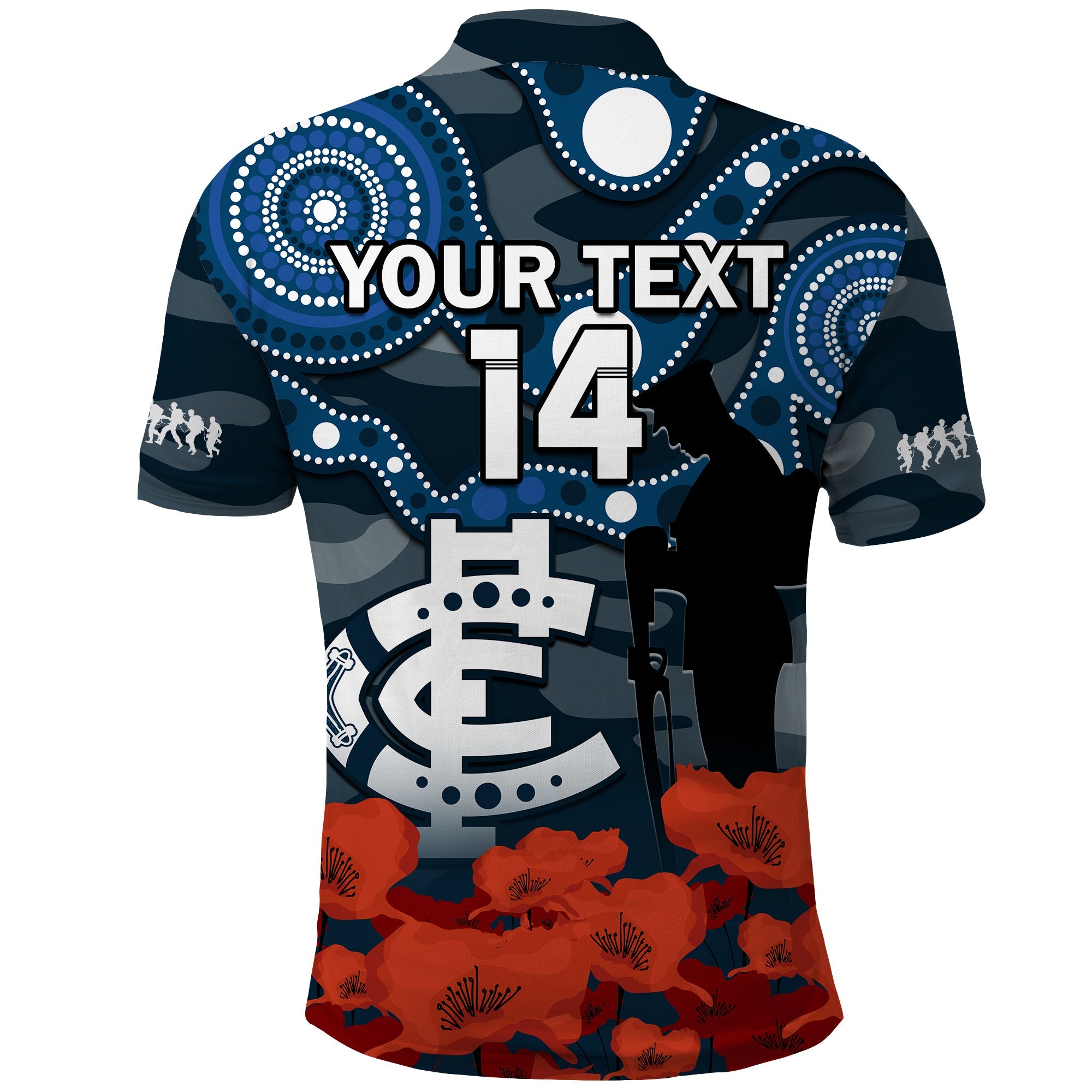 custom-text-and-number-carlton-football-anzac-2023-polo-shirt-blues-aboriginal-mix-poppy-camouflage