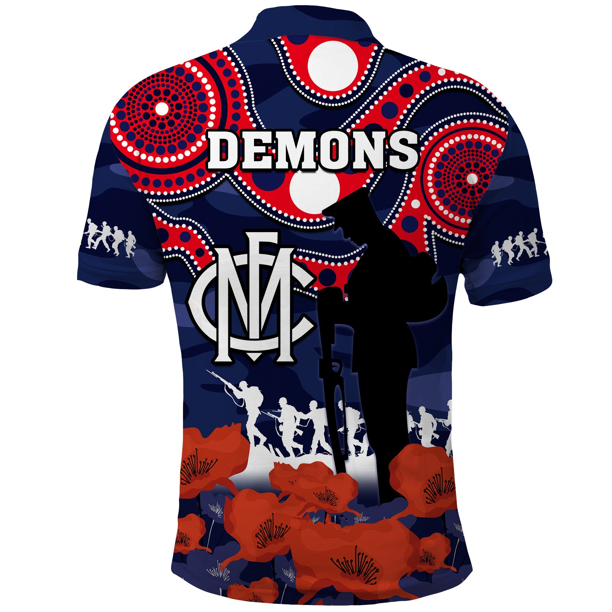 melbourne-football-anzac-2023-polo-shirt-demons-aboriginal-mix-poppy-camouflage