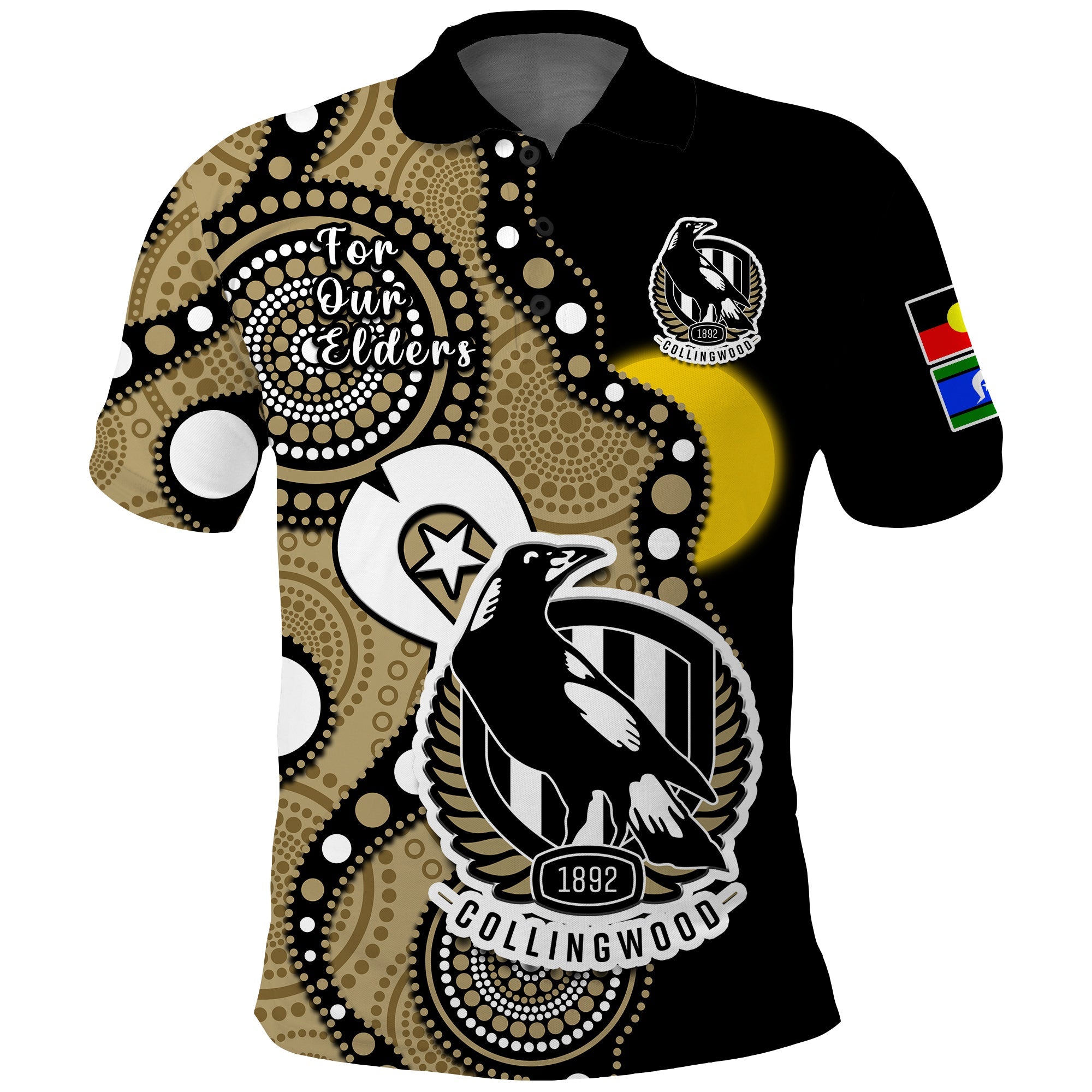 custom-text-and-number-collingwood-football-naidoc-2023-polo-shirt-magpies-for-our-elders-indigenous-art