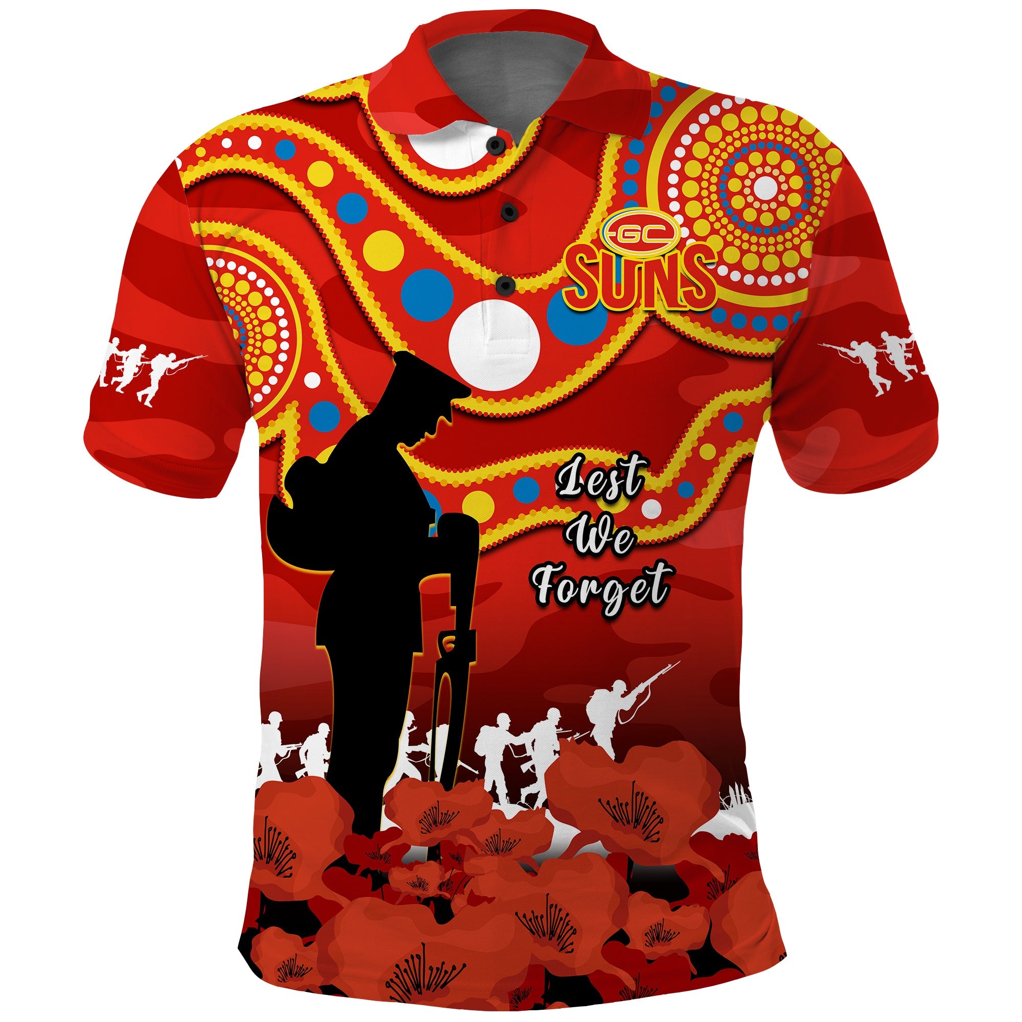 gold-coast-football-anzac-2023-polo-shirt-suns-aboriginal-mix-poppy-camouflage