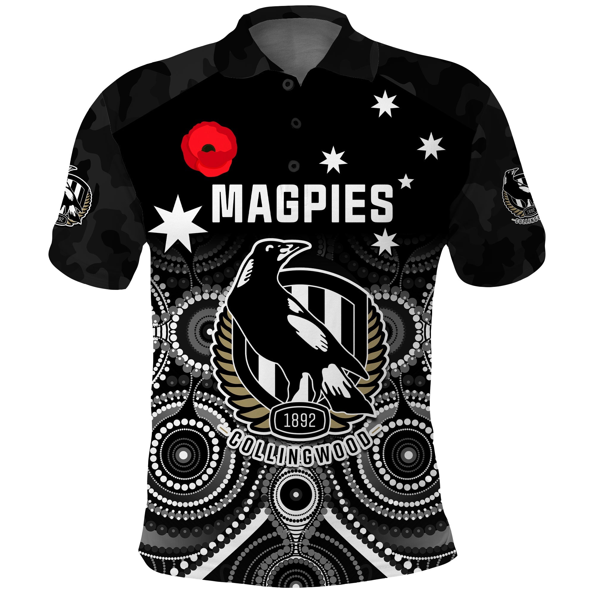 custom-text-and-number-magpies-football-anzac-day-polo-shirt-aboriginal-poppy-flowers