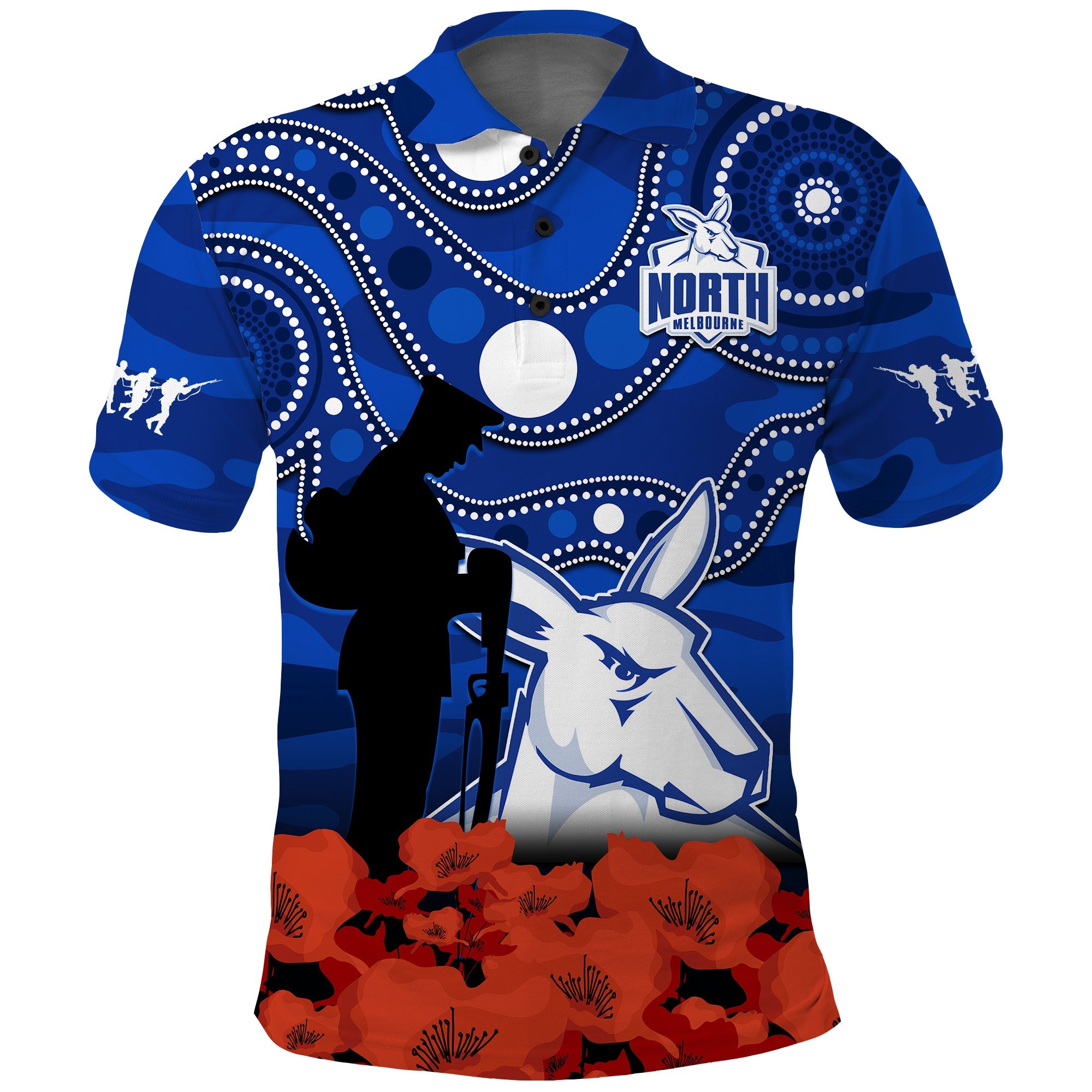 north-melbourne-football-anzac-2023-polo-shirt-kangaroos-aboriginal-mix-poppy-camouflage