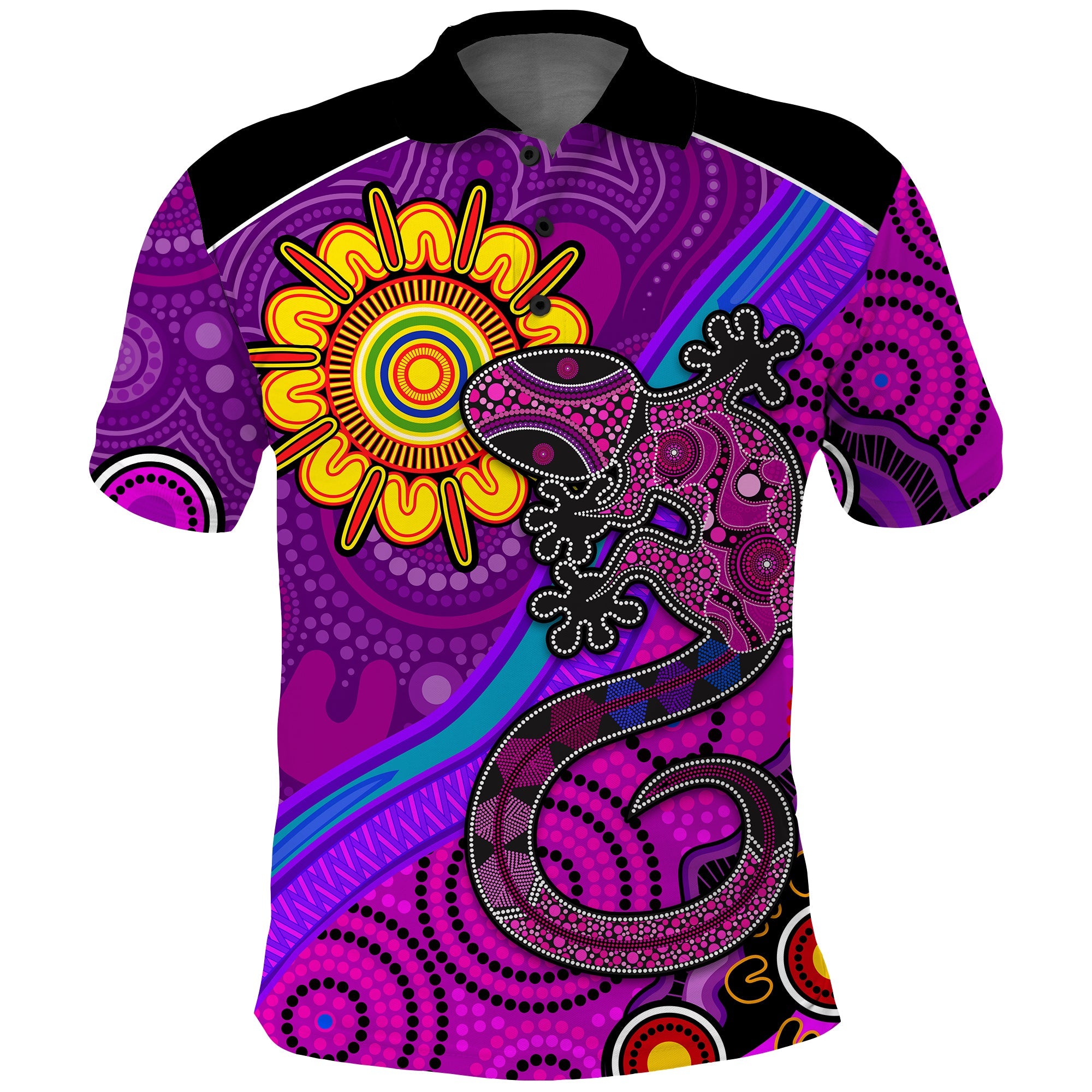 custom-text-and-number-australia-lizard-and-sun-polo-shirt-aboriginal-art-purple