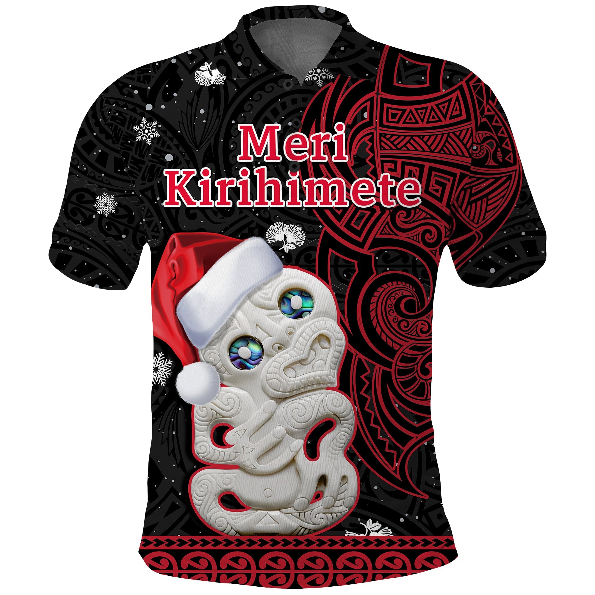 new-zealand-christmas-polo-shirt-hei-tiki-red-pohutukawa-meri-kirihimete