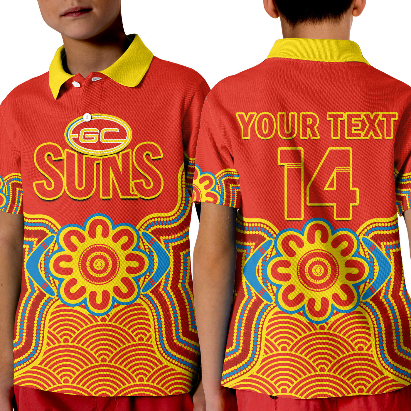 custom-text-and-number-gold-coast-football-polo-shirt-kid-suns-indigenous-pattern