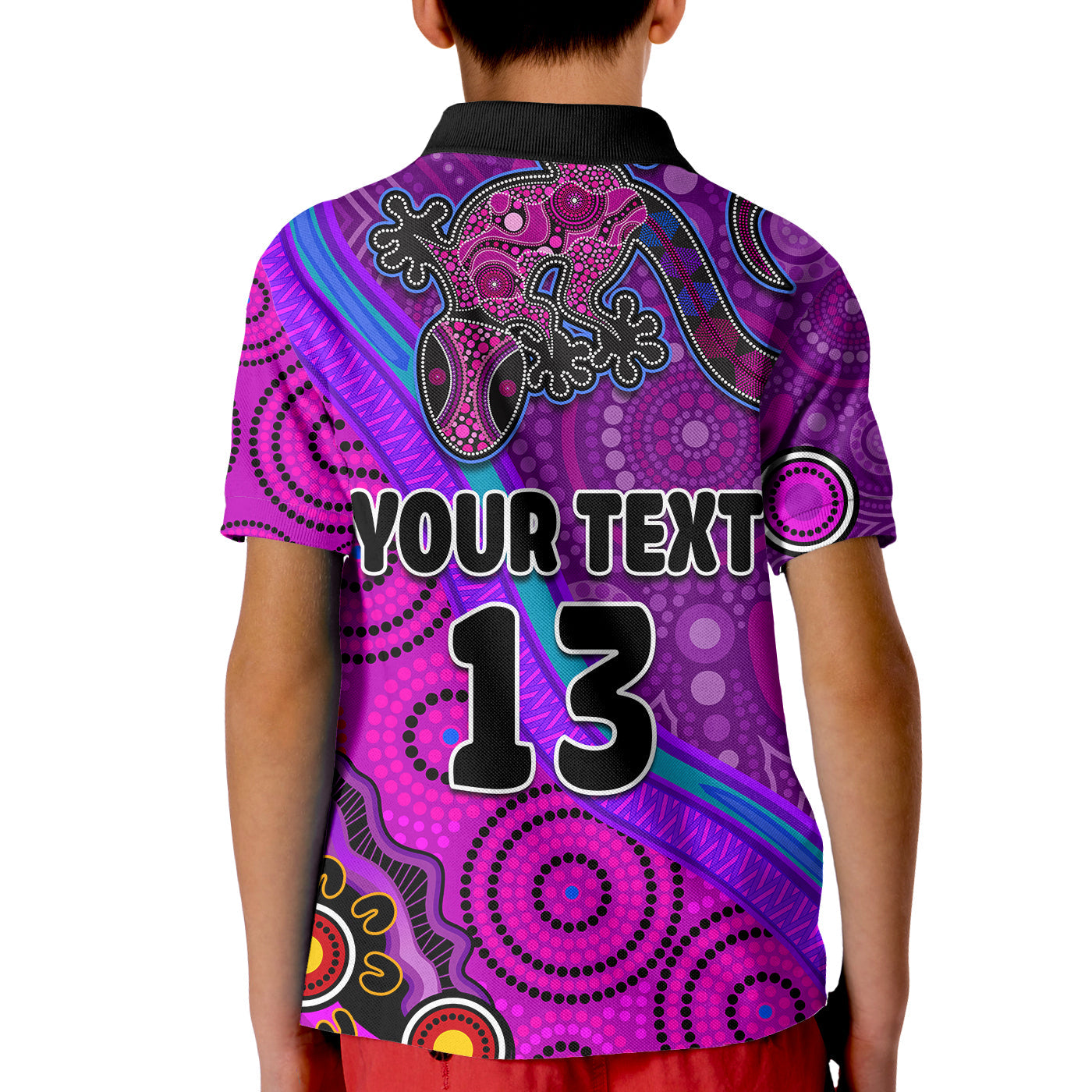 custom-text-and-number-australia-lizard-and-sun-polo-shirt-aboriginal-art-purple