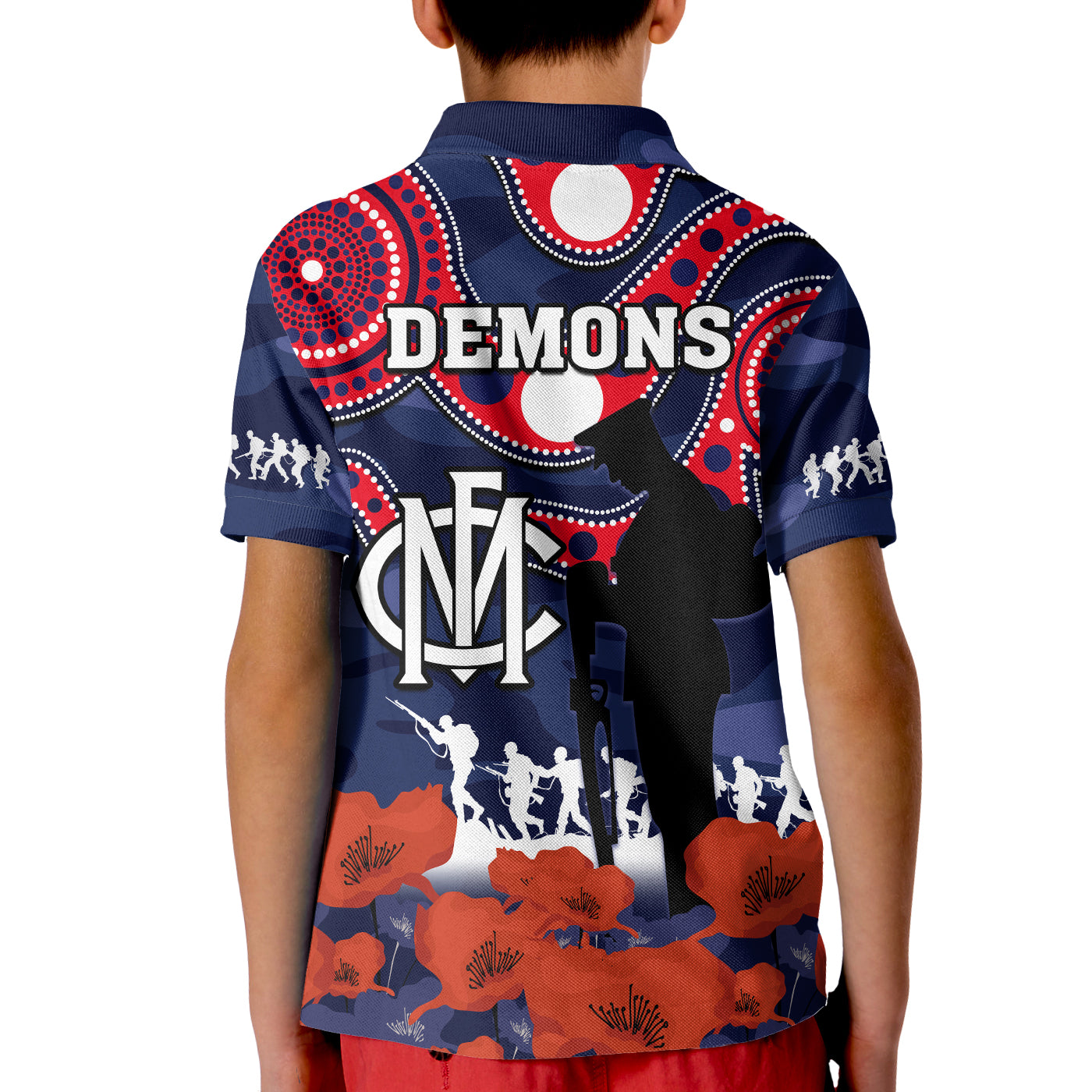 melbourne-football-anzac-2023-polo-shirt-kid-demons-aboriginal-mix-poppy-camouflage