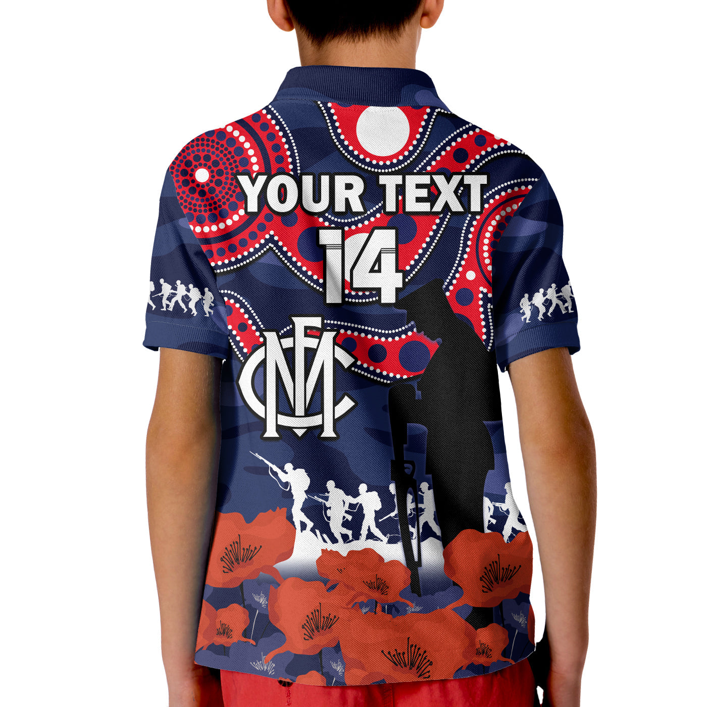 custom-text-and-number-melbourne-football-anzac-2023-polo-shirt-kid-demons-aboriginal-mix-poppy-camouflage