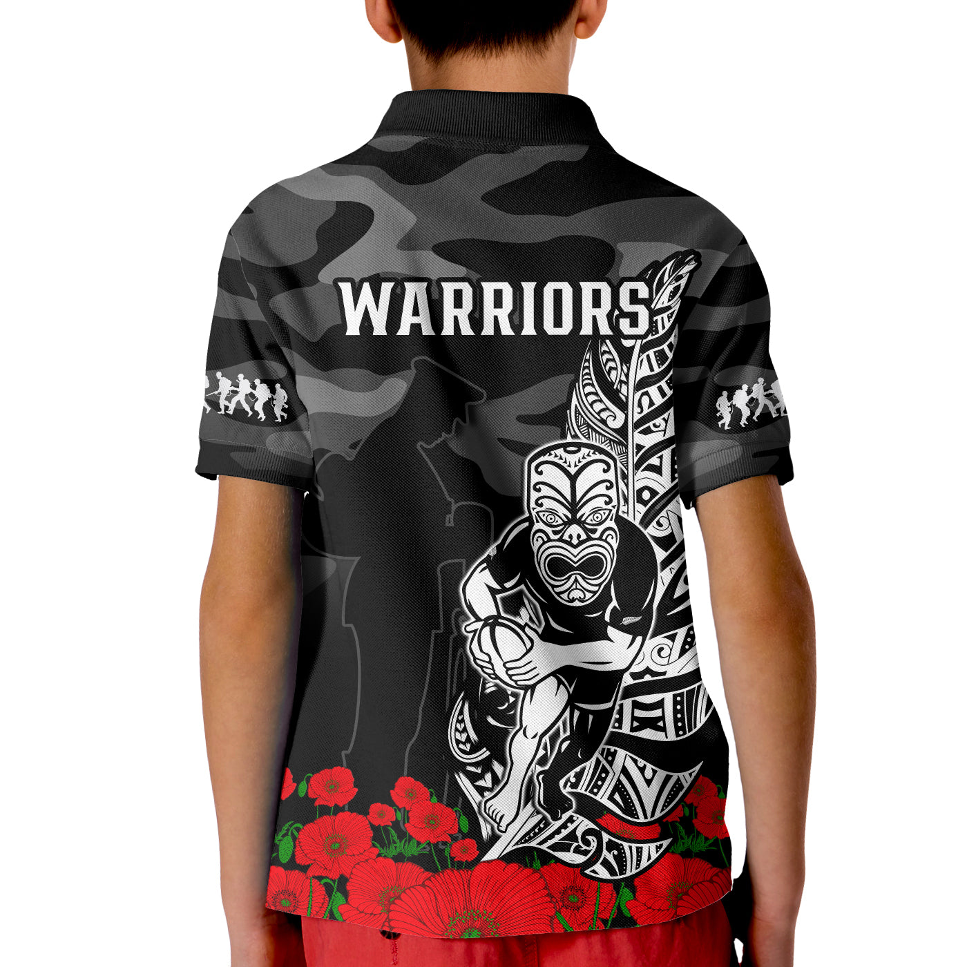 warriors-anzac-2023-polo-shirt-kid-nz-fern-camouflage-poppy-mix-aboriginal