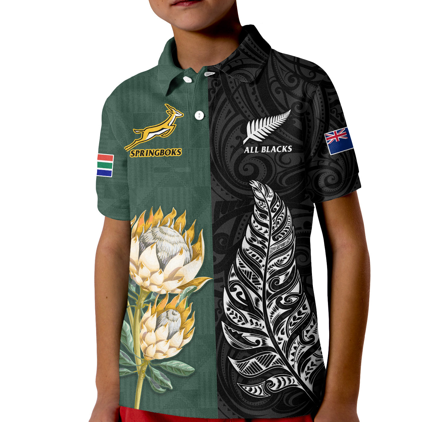 custom-text-and-number-south-africa-protea-and-new-zealand-fern-polo-shirt-rugby-go-springboks-vs-all-black