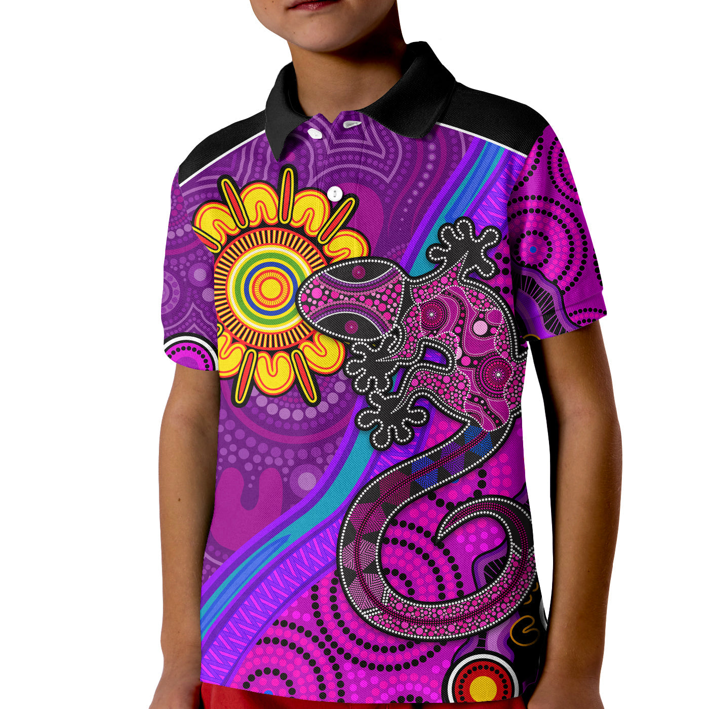 custom-text-and-number-australia-lizard-and-sun-polo-shirt-aboriginal-art-purple