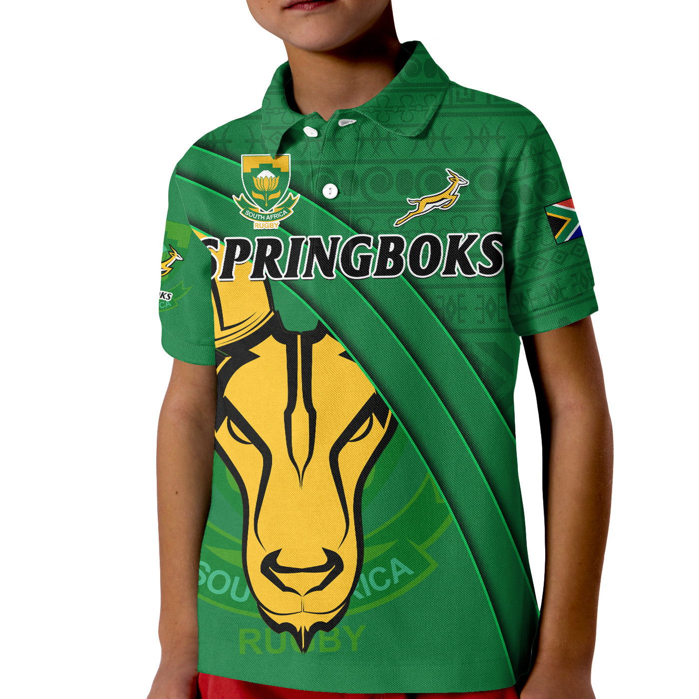 custom-text-and-number-south-africa-rugby-polo-shirt-kid-bokke-springbok-with-african-pattern-stronger-together