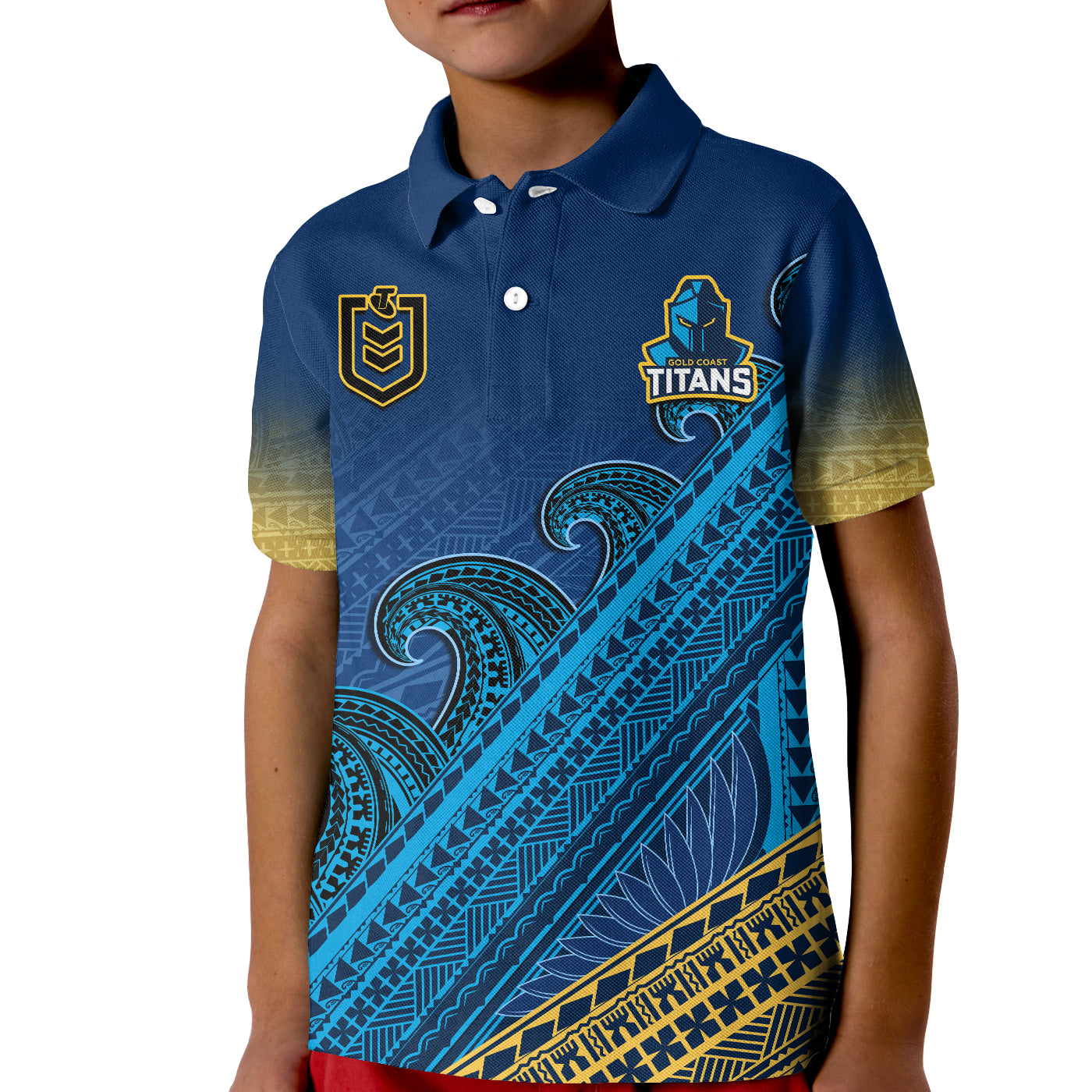 gold-coast-titans-rugby-polo-shirt-kid-pasifika-gradient-polynesian-pattern