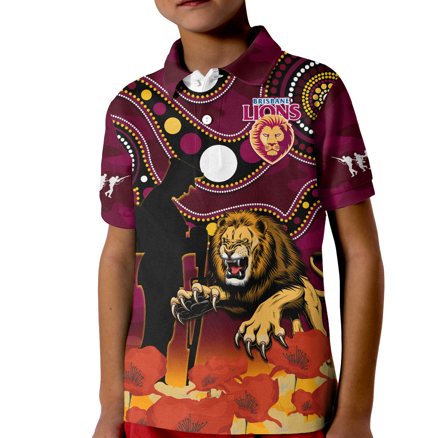 custom-text-and-number-brisbane-lions-football-anzac-2023-polo-shirt-kid-aboriginal-mix-poppy-camouflage