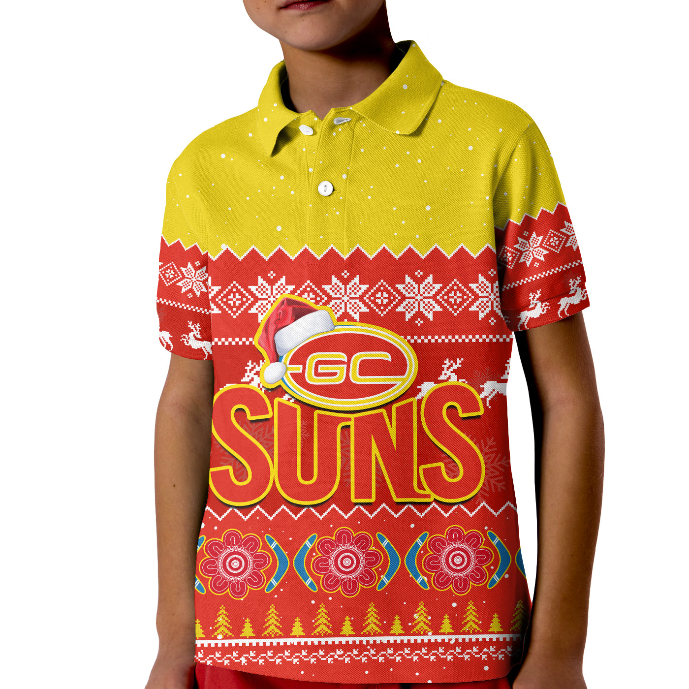 custom-personalised-gold-coast-football-polo-shirt-kid-suns-aboriginal-merry-christmas