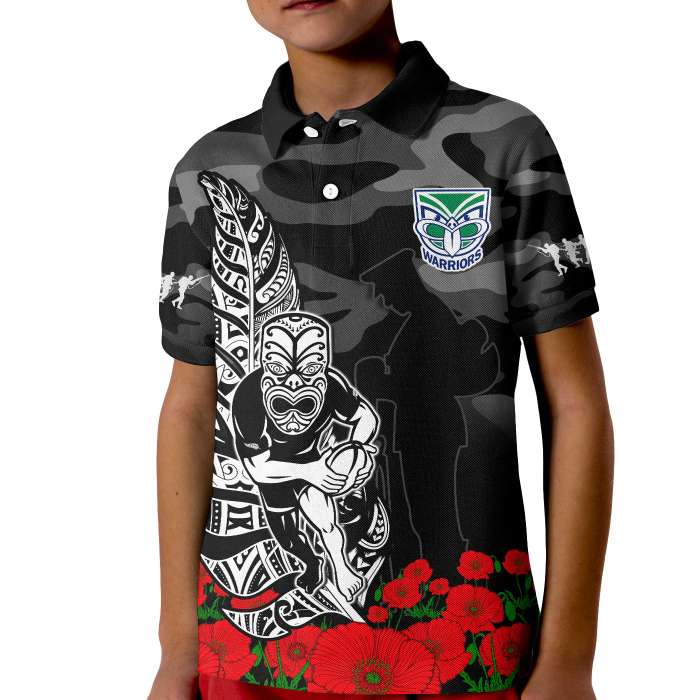 warriors-anzac-2023-polo-shirt-kid-nz-fern-camouflage-poppy-mix-aboriginal