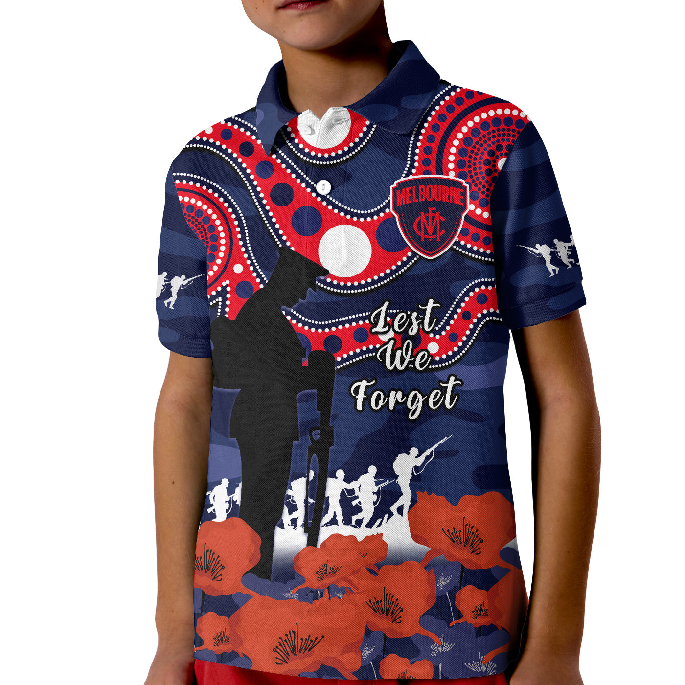 custom-text-and-number-melbourne-football-anzac-2023-polo-shirt-kid-demons-aboriginal-mix-poppy-camouflage