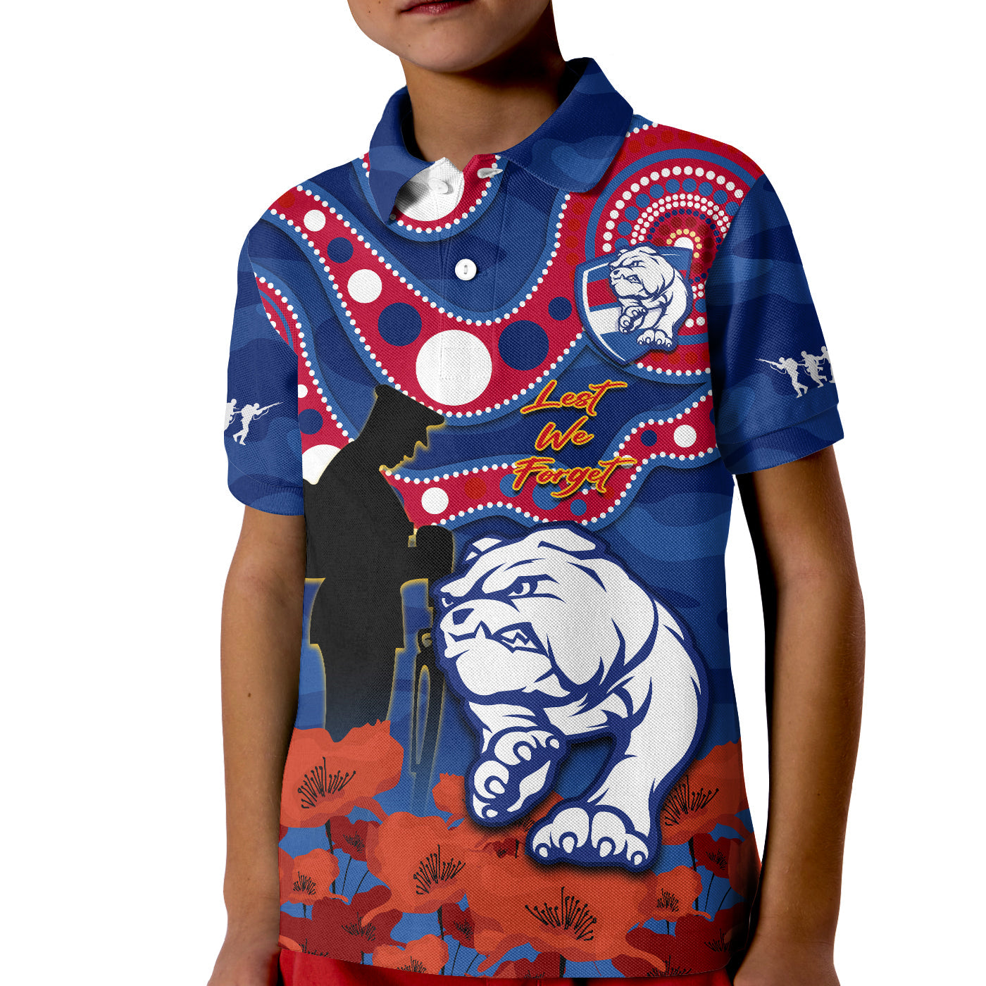 custom-text-and-number-western-bulldogs-football-anzac-2023-polo-shirt-kid-doggies-aboriginal-mix-poppy-camouflage