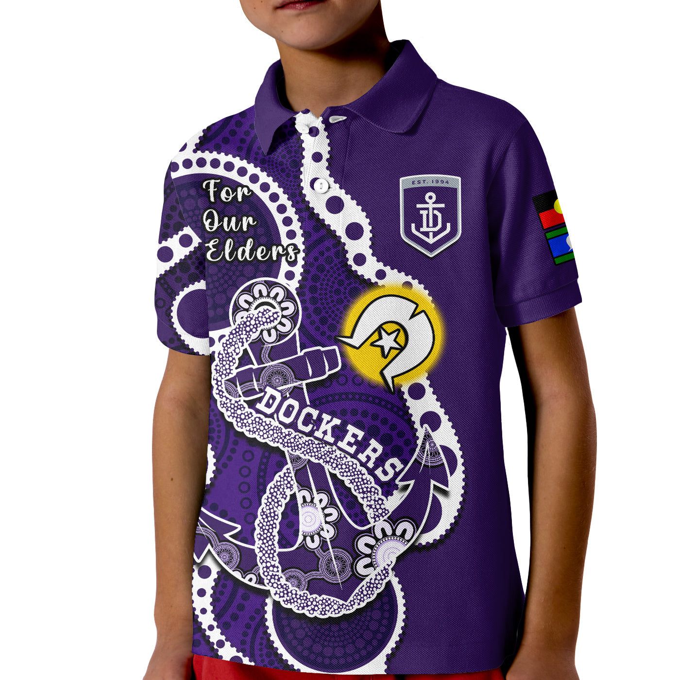 custom-text-and-number-fremantle-football-naidoc-2023-polo-shirt-kid-dockers-for-our-elders-indigenous-art