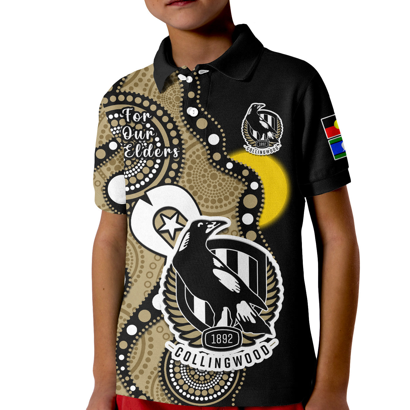 custom-text-and-number-collingwood-football-naidoc-2023-polo-shirt-magpies-for-our-elders-indigenous-art