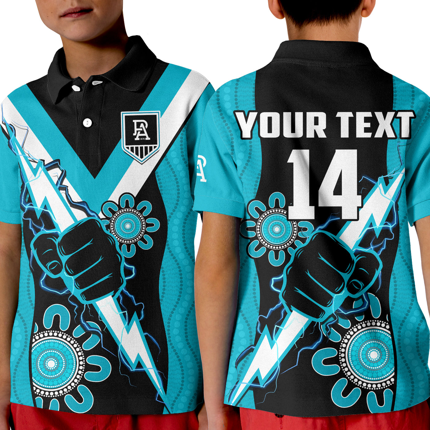 custom-text-and-number-port-adelaide-football-polo-shirt-kid-power-thunder-hand-mix-aboriginal-dynamic