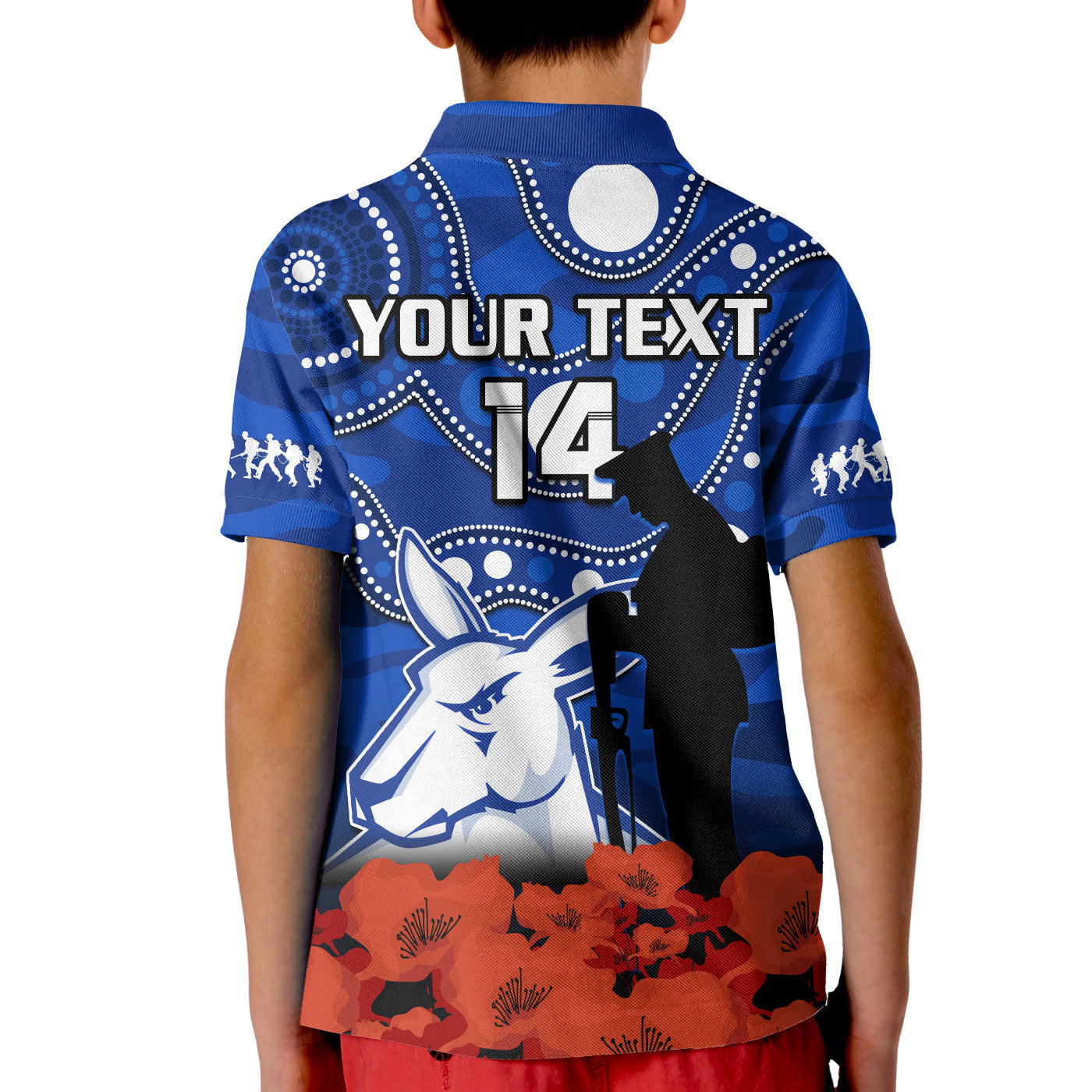 custom-text-and-number-north-melbourne-football-anzac-2023-polo-shirt-kangaroos-aboriginal-mix-poppy-camouflage