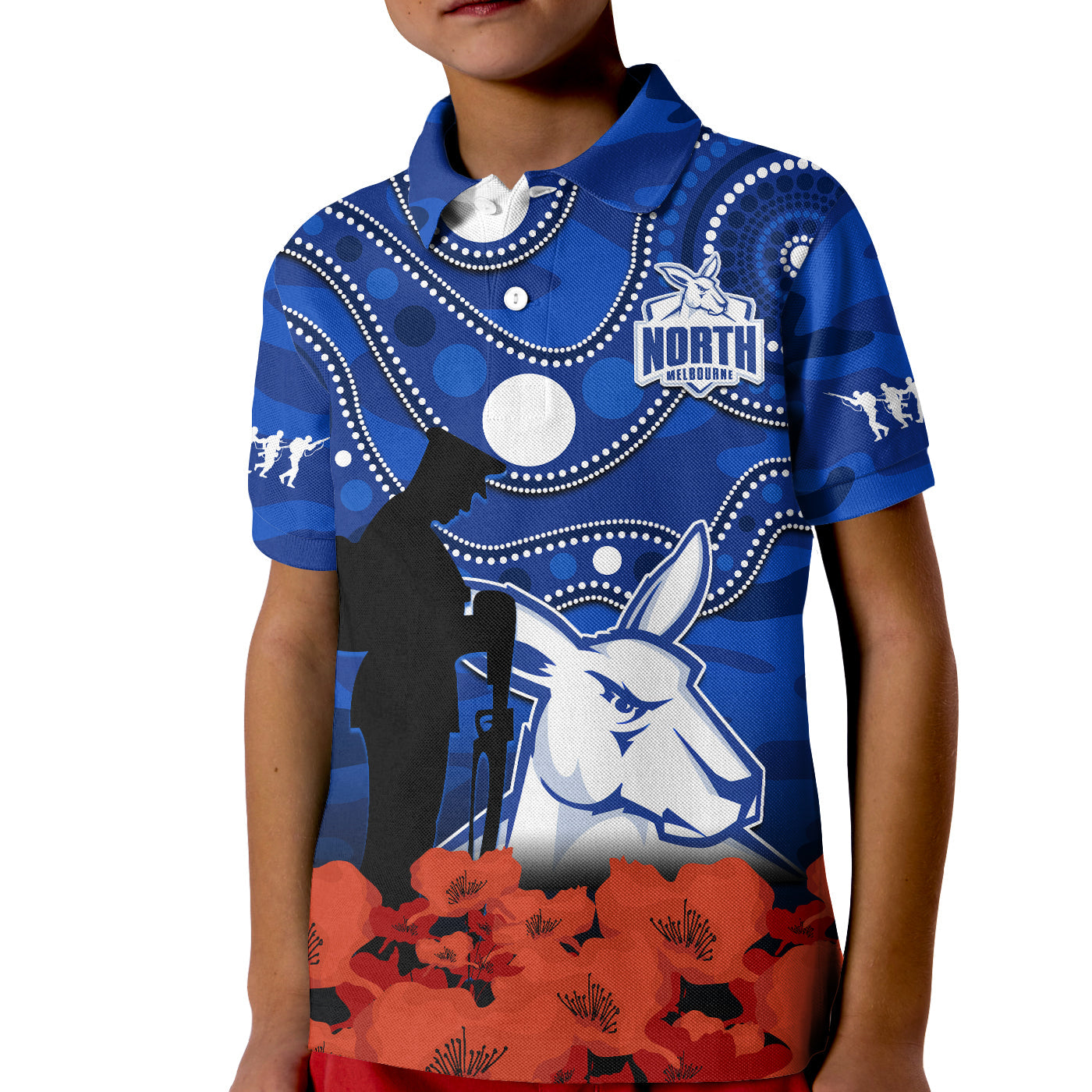 north-melbourne-football-anzac-2023-polo-shirt-kangaroos-aboriginal-mix-poppy-camouflage