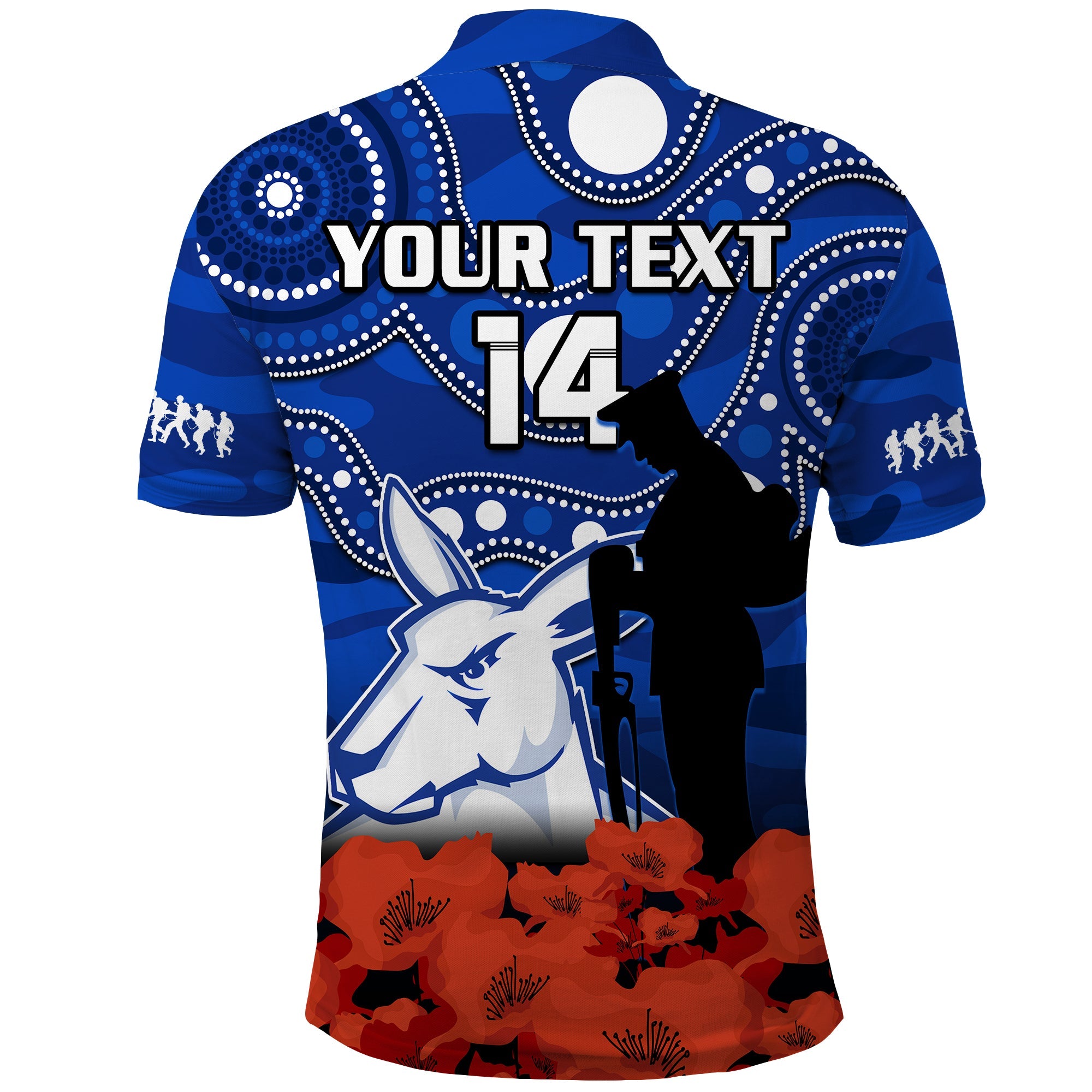 custom-text-and-number-north-melbourne-football-anzac-2023-polo-shirt-kangaroos-aboriginal-mix-poppy-camouflage