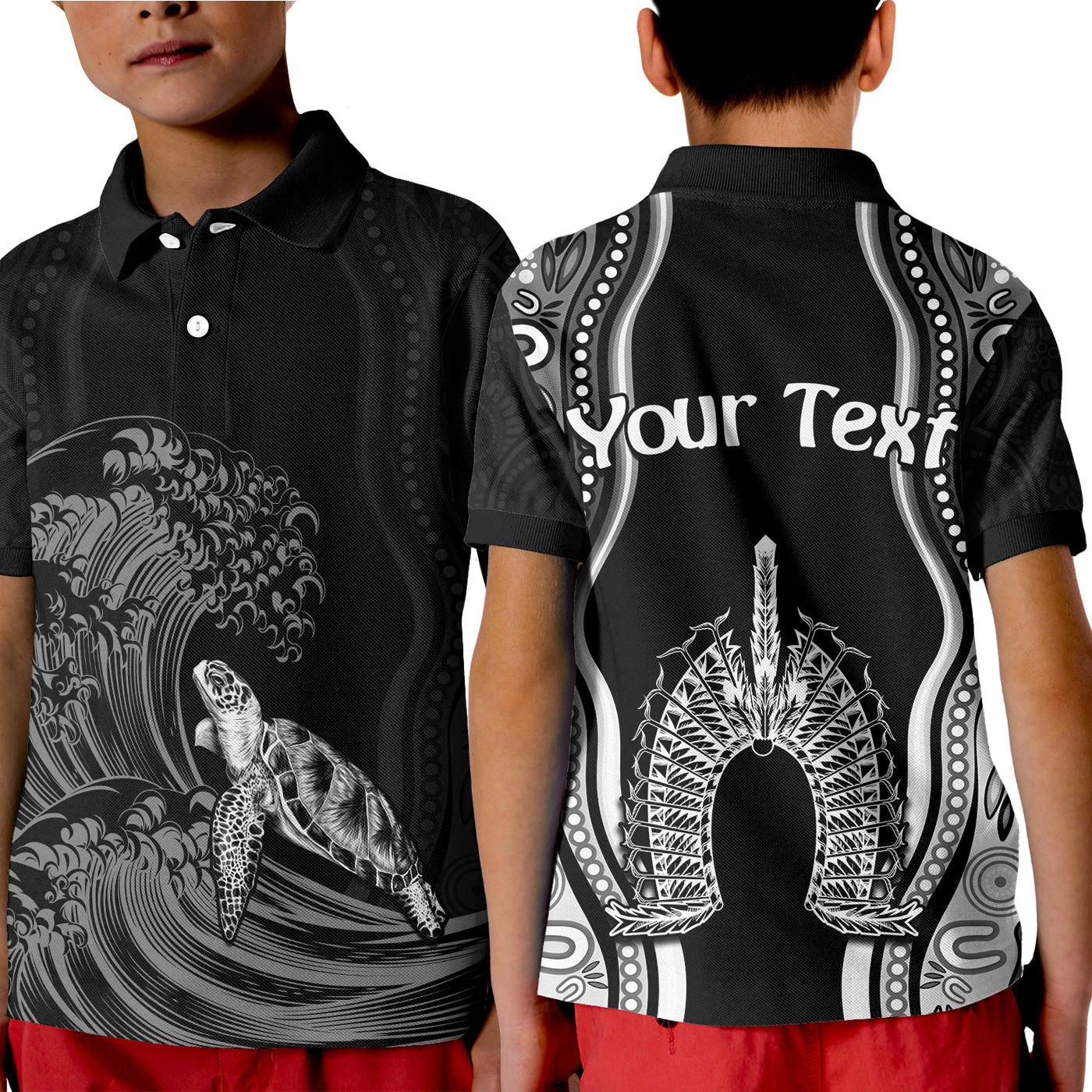 custom-personalised-torres-strait-islands-polo-shirt-kid-the-dhari-mix-aboriginal-turtle-version-black